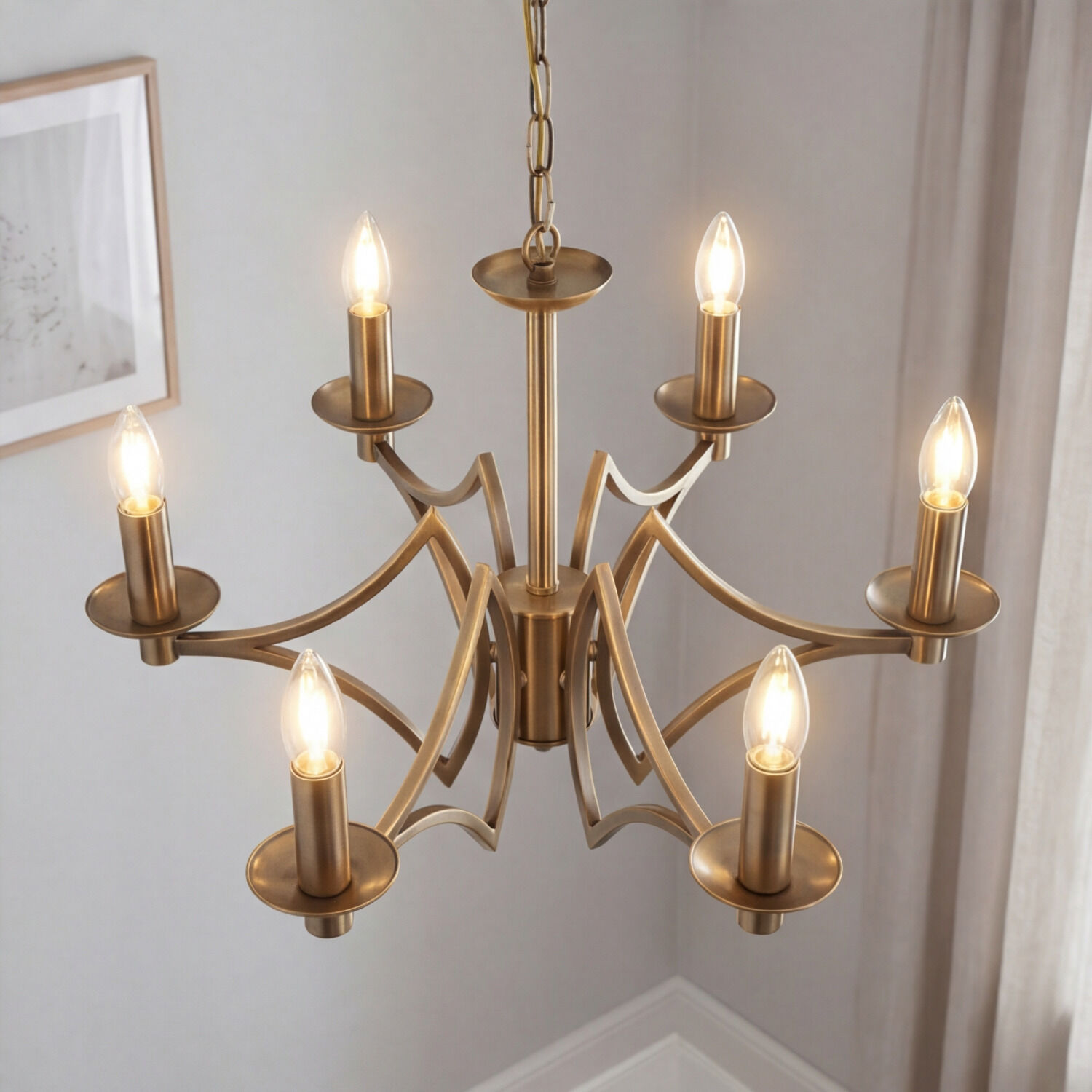 Kronleuchter Esszimmer Ø 56 cm in Messing antik 6-armig E14 Chandelier, Goldfarben, Hängeleuchte, Kerzenhalter, Metall