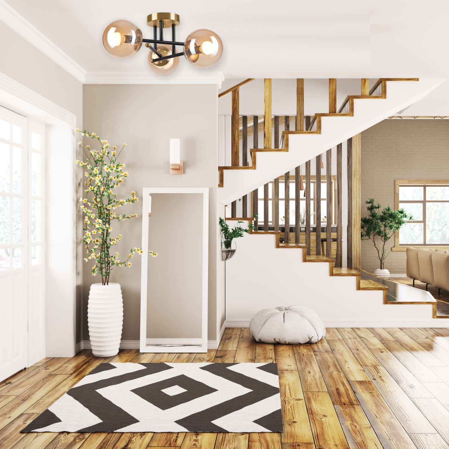 Blendarme Deckenleuchte in Gold Glas Metall 3-flammig Foyer, Drinnen, Pflanze, Teppich, Lampe