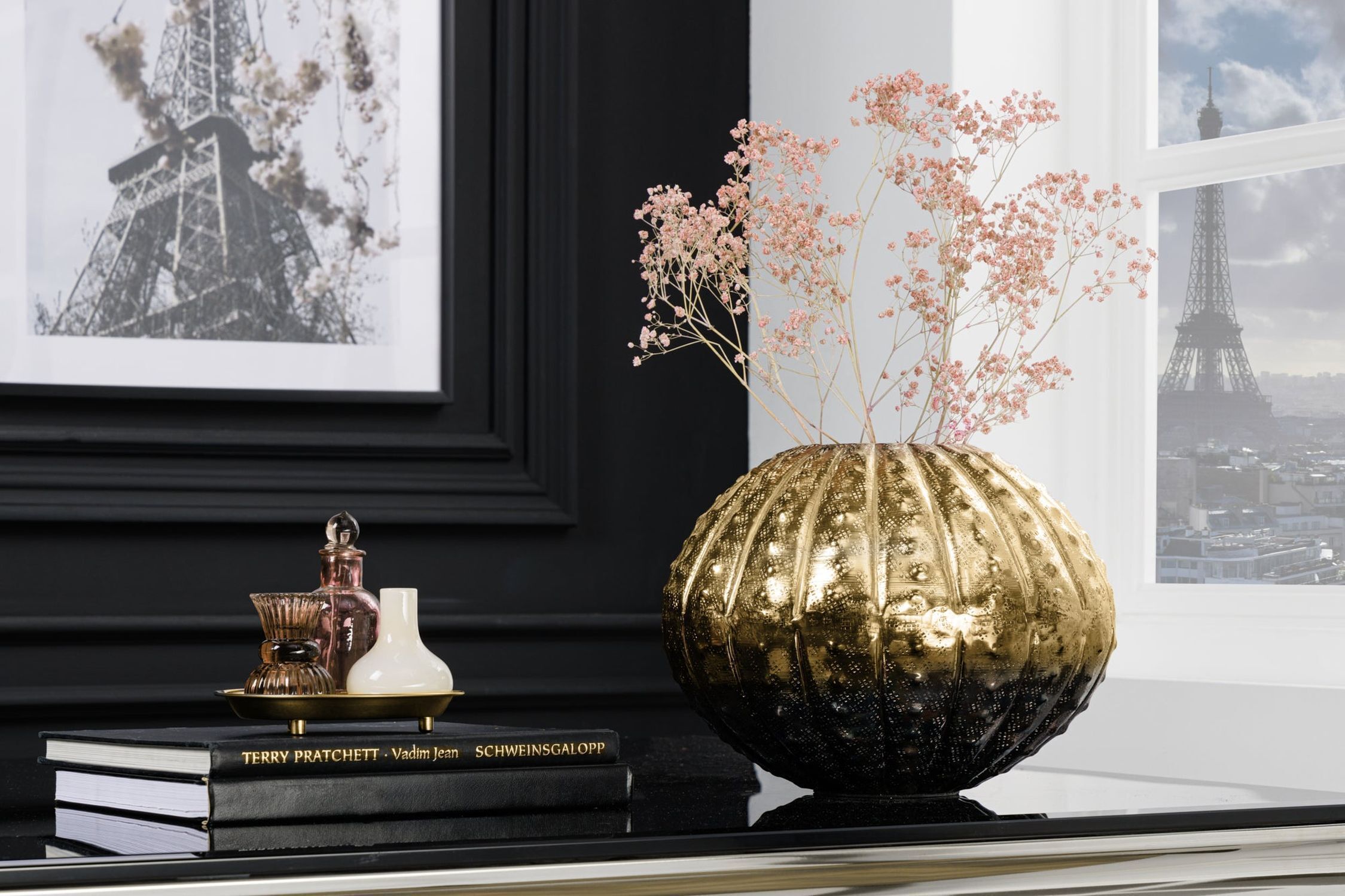 Vase métal rond Ø 30 cm martelé en or fait main Blume, Blumen-Arrangement, Pflanze, Glas, Töpferei