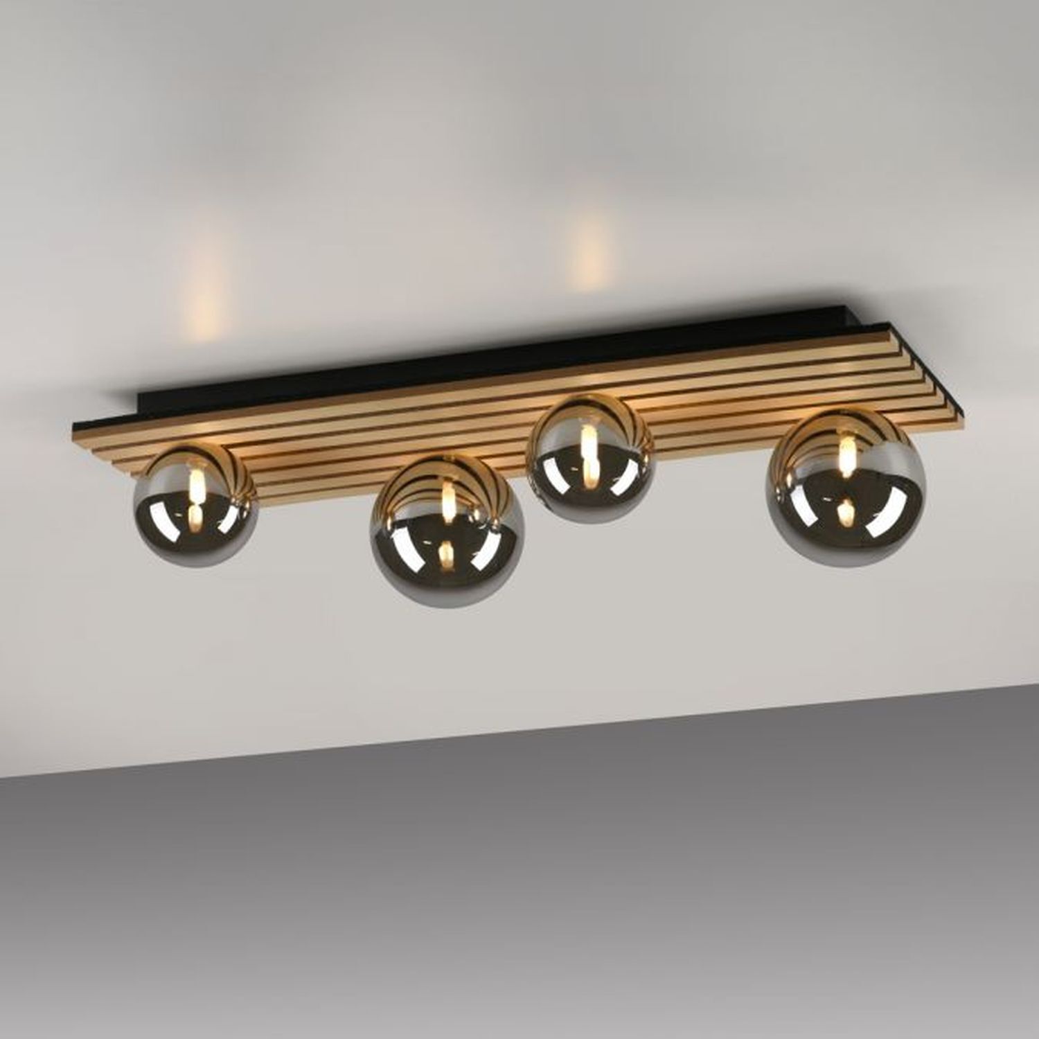 Lampe de plafonnier confortable Boules de verre Bois G9 80 cm Naturel