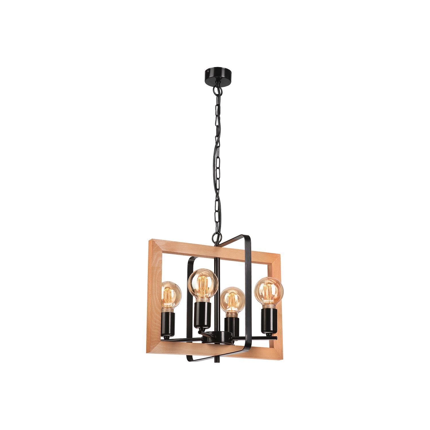 Suspension Bois Rustique Métal Noir 4 flammes E27