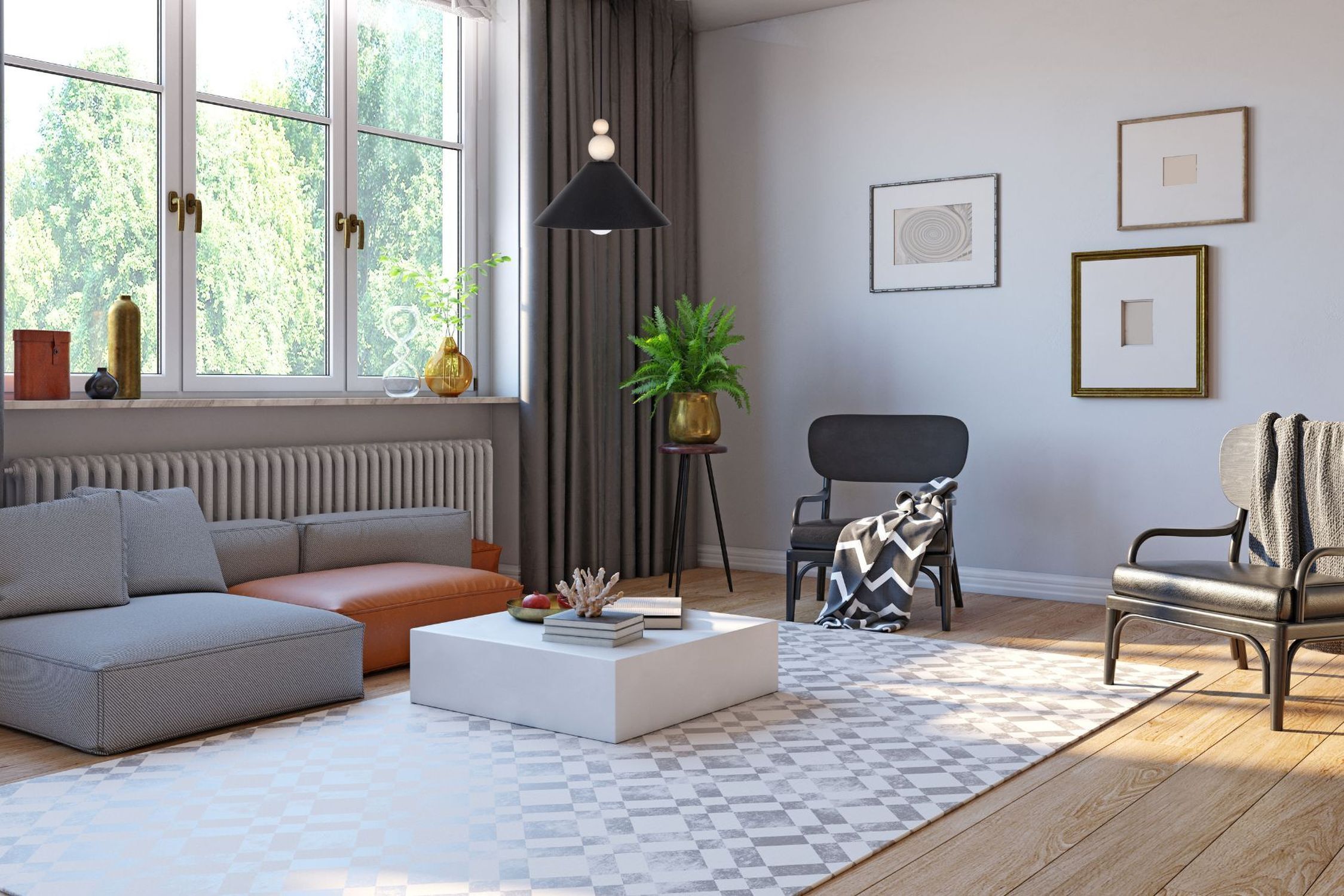 Schwarze Hängeleuchte Holz Metall Ø26 cm E27 gemütlich Wohnzimmer, Sofa, Teppich, Sessel, Pflanze