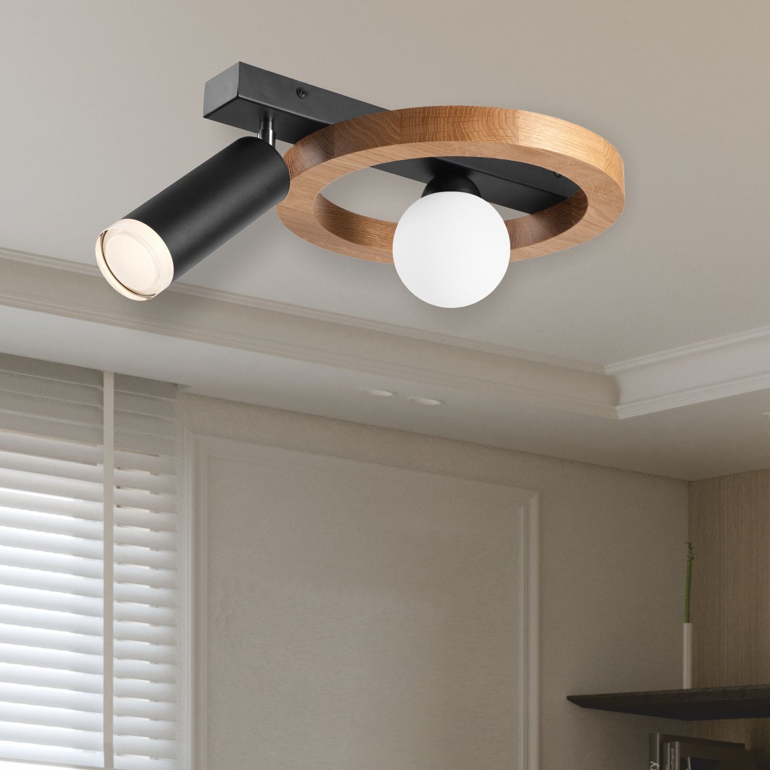 Deckenleuchte, Kreisel-Design, Holzring, Schwarz, Birnenlampe