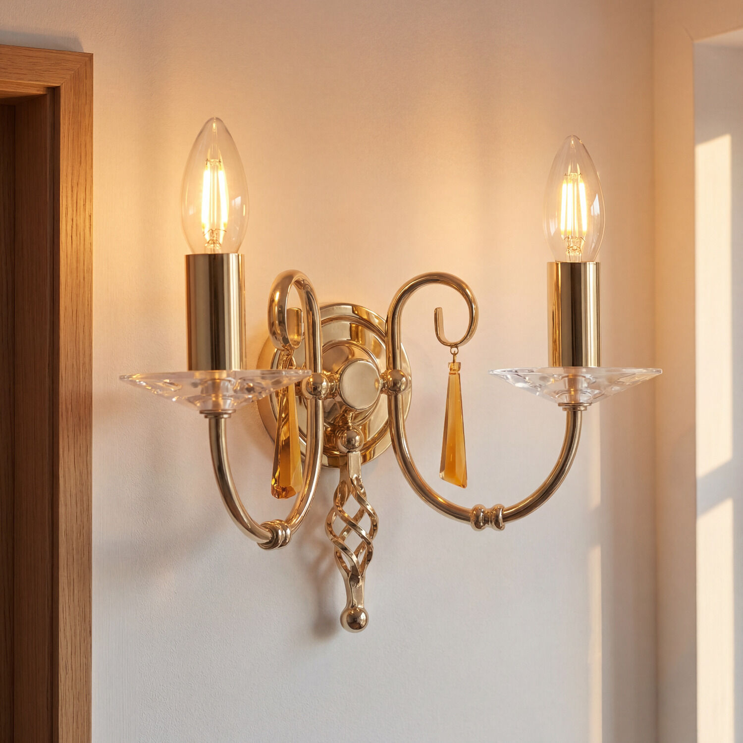 wandleuchte-wandlampe-candela-2-flammig-messing-poliert-klassisch-07 Wandlampe, Chandelier, Metall, Kristall, Kerzen-Licht