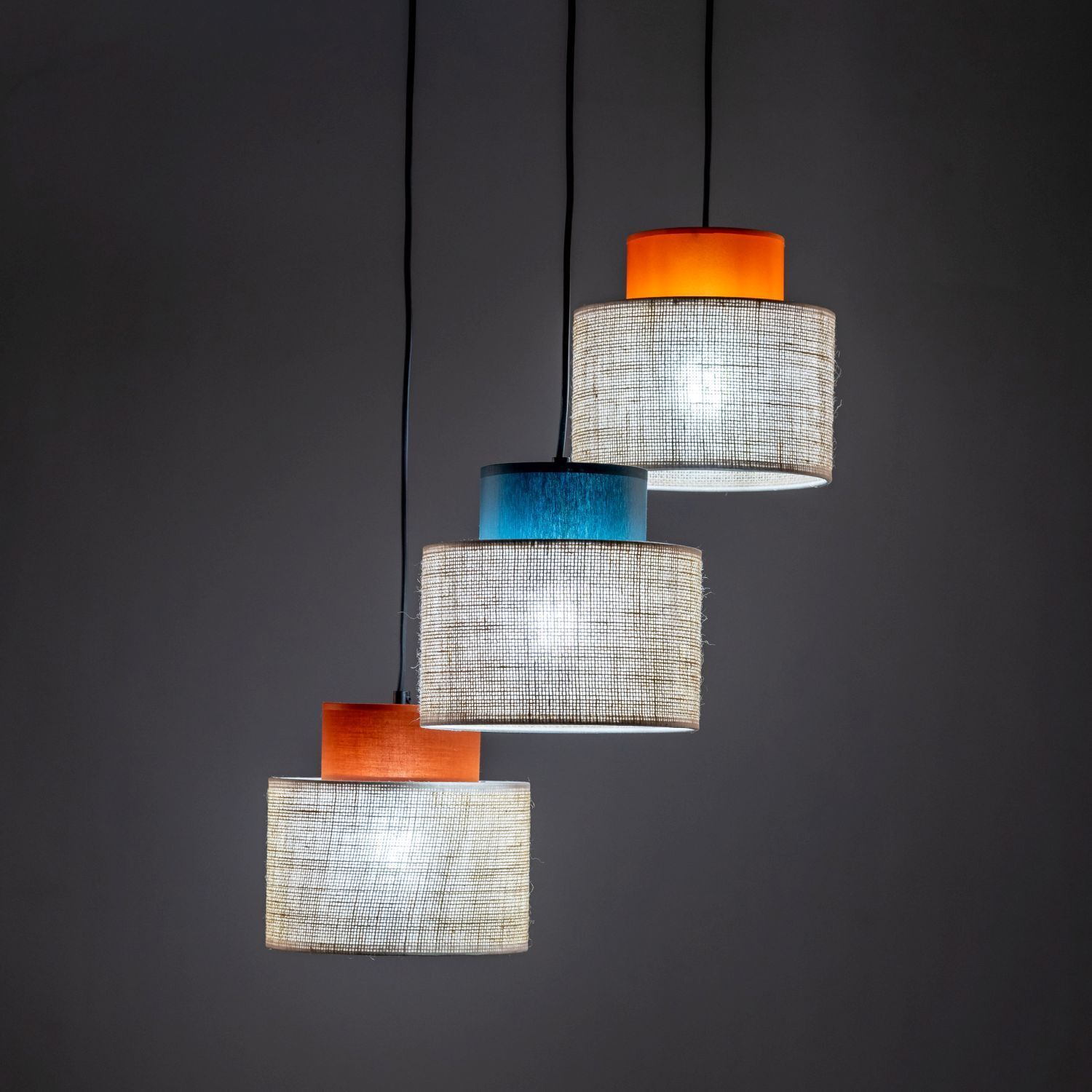 Hängelampe Jute Stoff E27 verstellbar 3-flammig Retro Bunt Lampe, Kronleuchter
