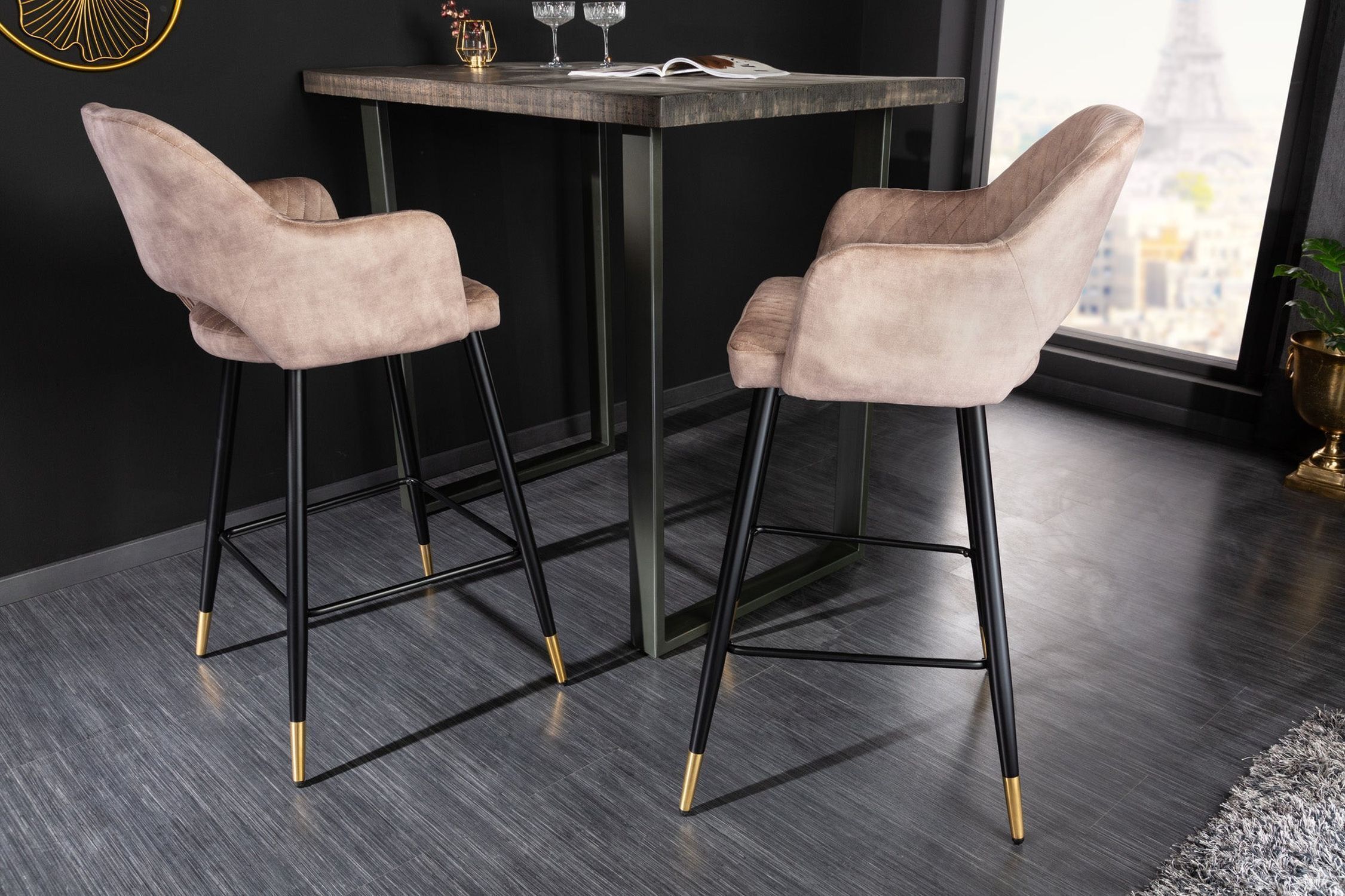 Tabouret de bar velours métal gris noir or rétro