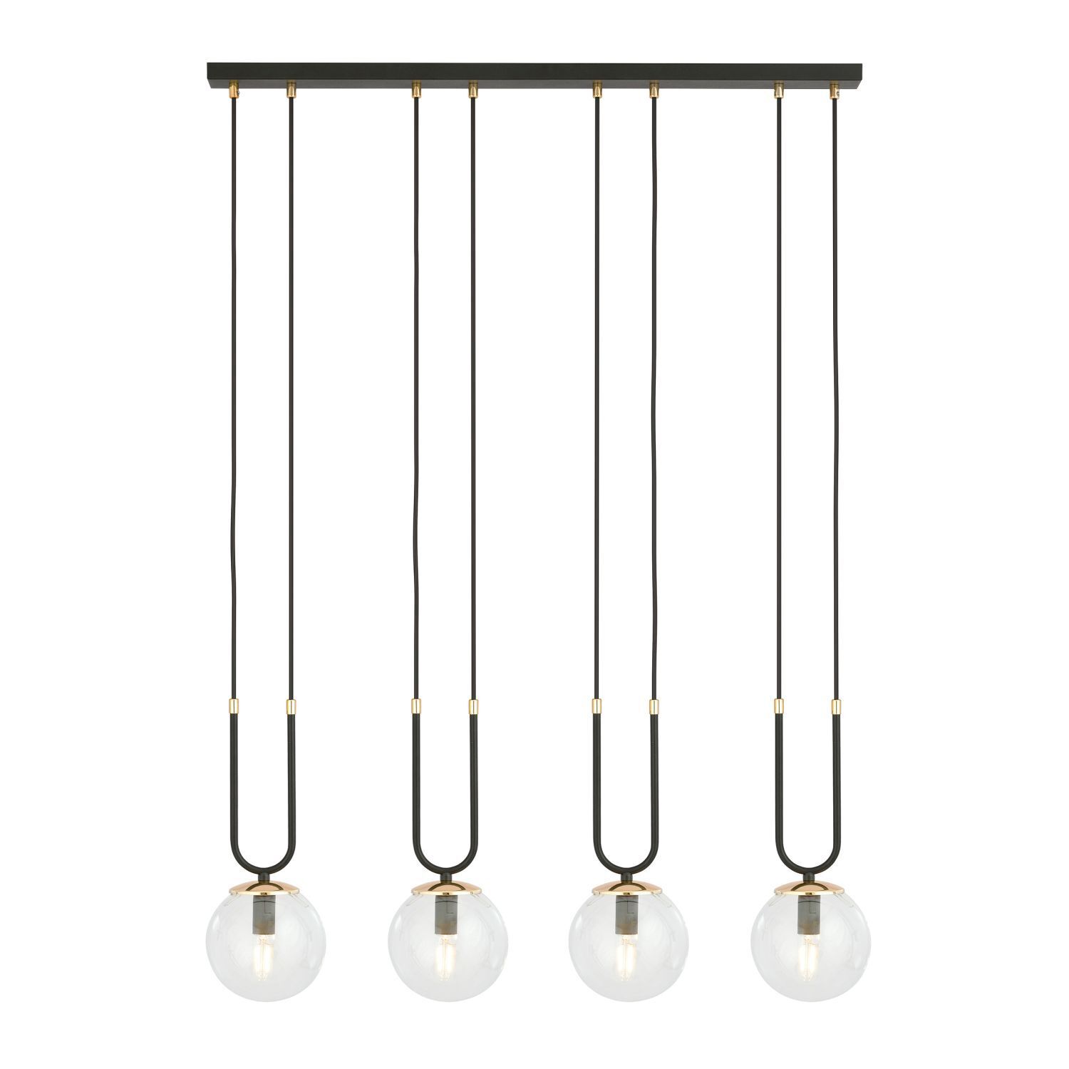 Suspension 4 flammes E14 verre métal L : 92 cm noir or