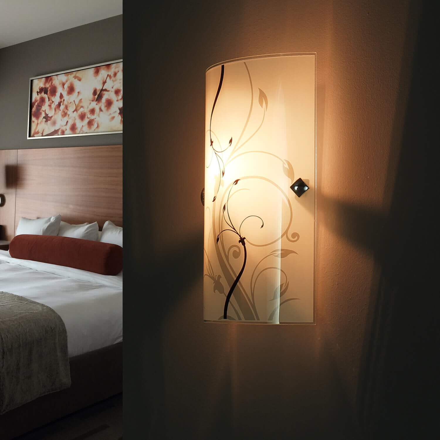 Bett, Bettdecke, Lampe, Wanddekoration, Glass Tür