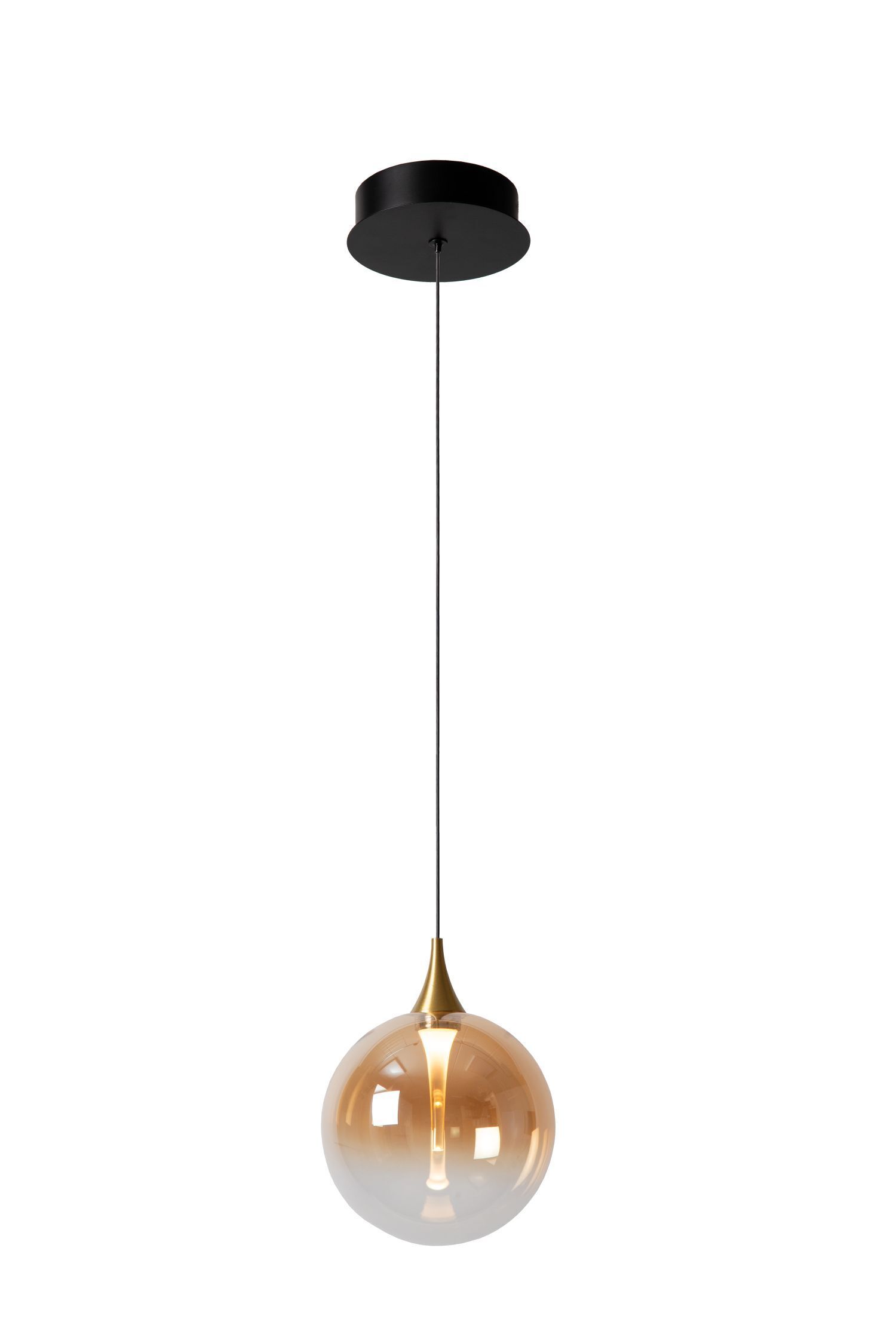 Hängelampe, Globus-Pendelleuchte, Glas-Globus, schwarze Decke, Gold-Akzent