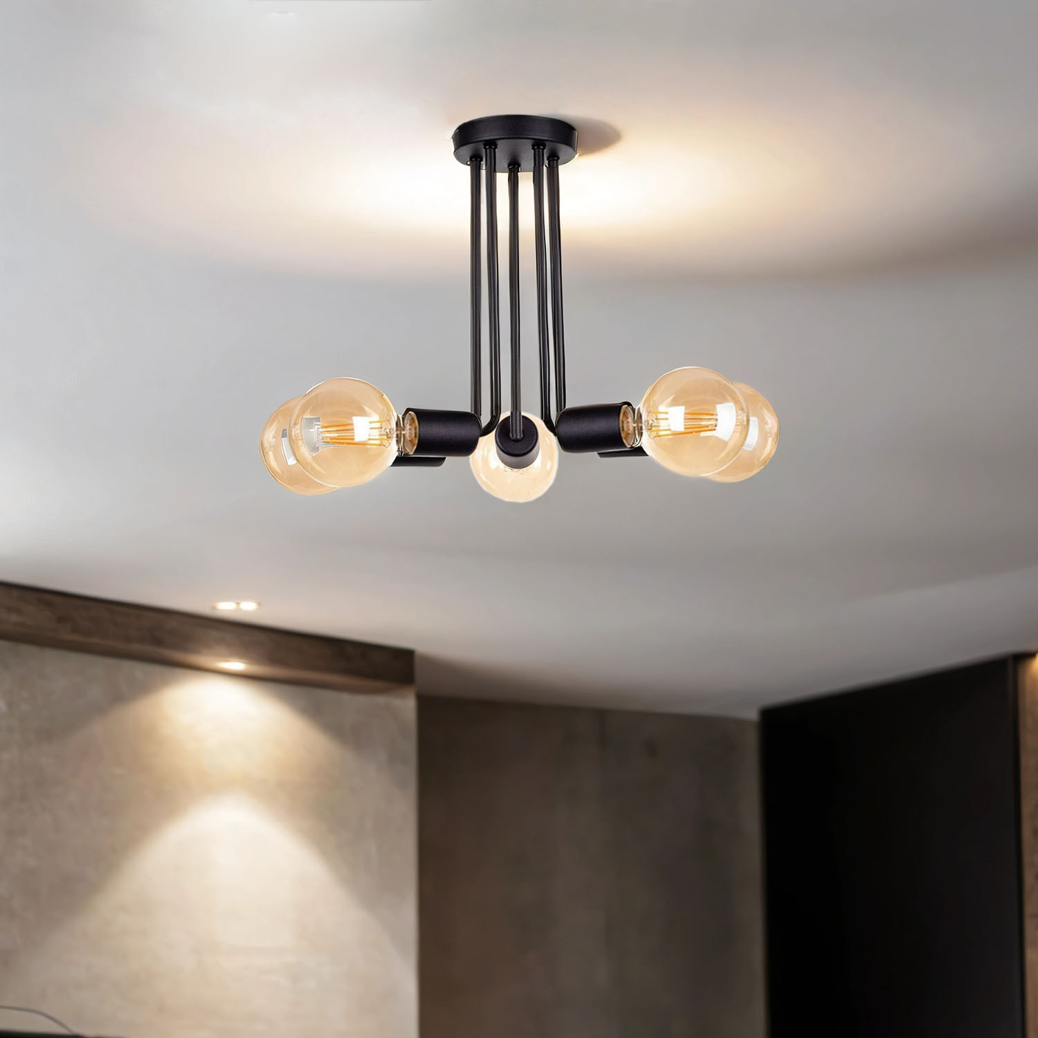 Plafonnier noir rétro E27 5 flammes décoratives Deckenleuchte, Kronleuchter, Lampe, Leuchte