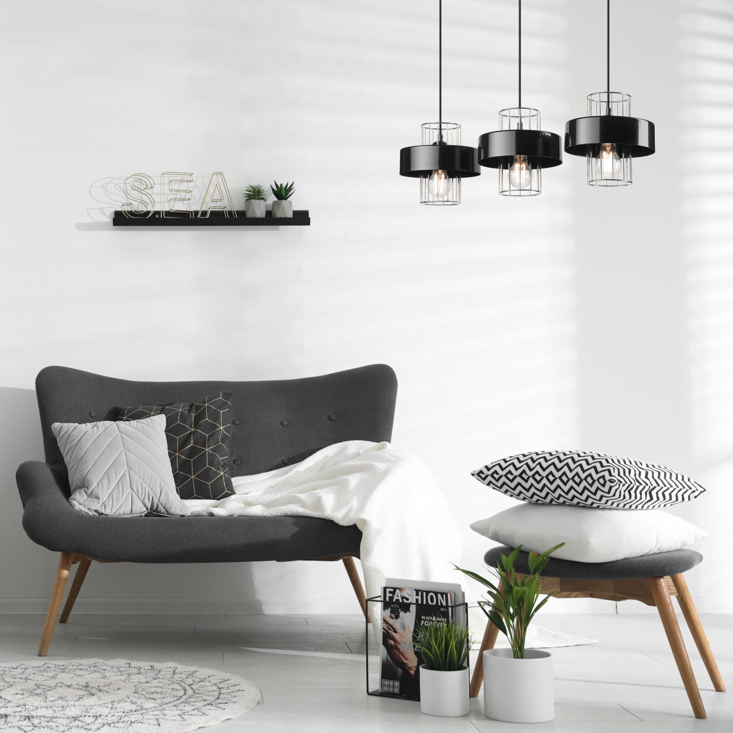 Pendelleuchte 3-flammig Modern Schwarz Chrom E27 Metall