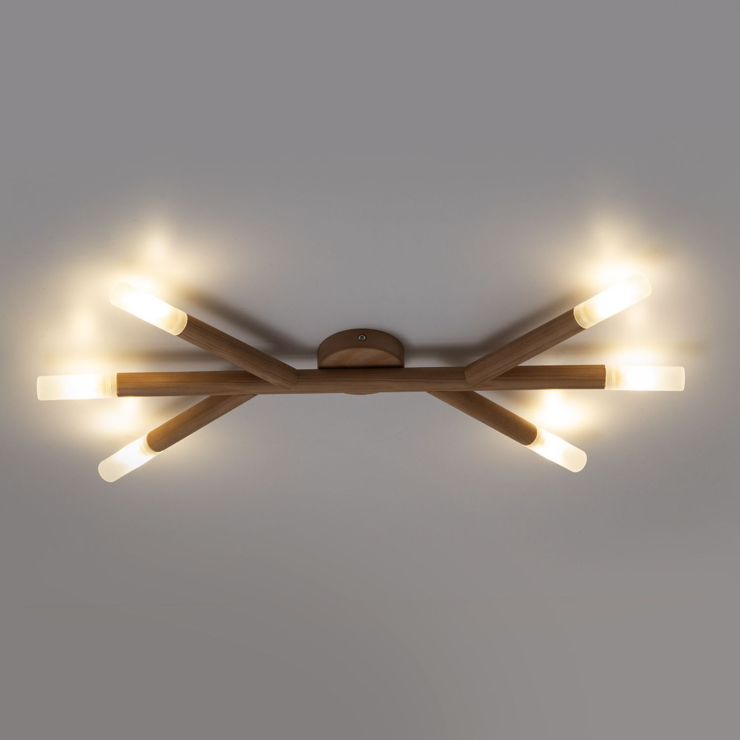 Deckenleuchte Holz Glas 66 cm lang in Kiefer Weiß 6x G9 Deckenleuchte, Deckenventilator, Gerät, Elektrisches Gerät, Leuchte