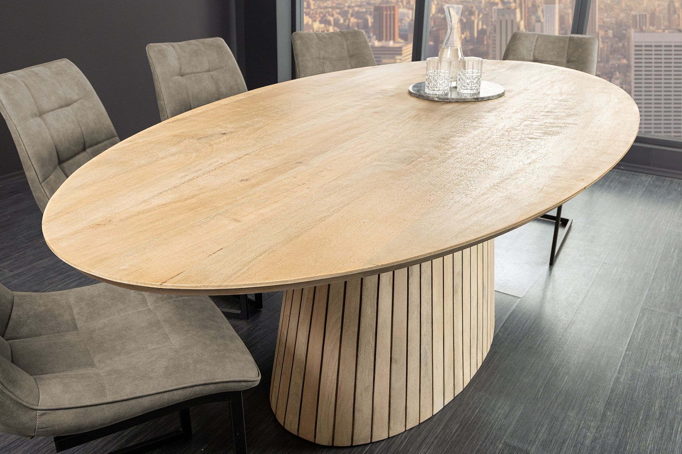 Table de salle à manger ovale en bois 220 cm de long Japandi pied colonne