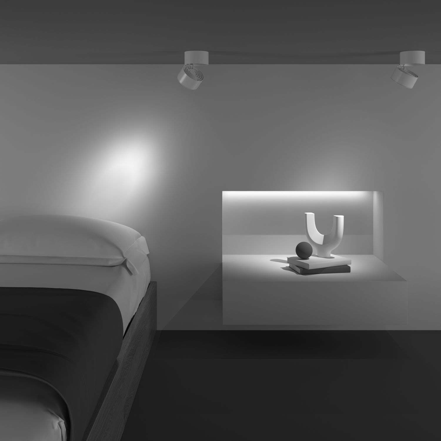 LED Deckenspot schwenkbar Metall Weiß L:10 cm 3000 K Bettrahmen, Nachttisch, Lampe, Bett, Schwarz-Weiß-Kontrast
