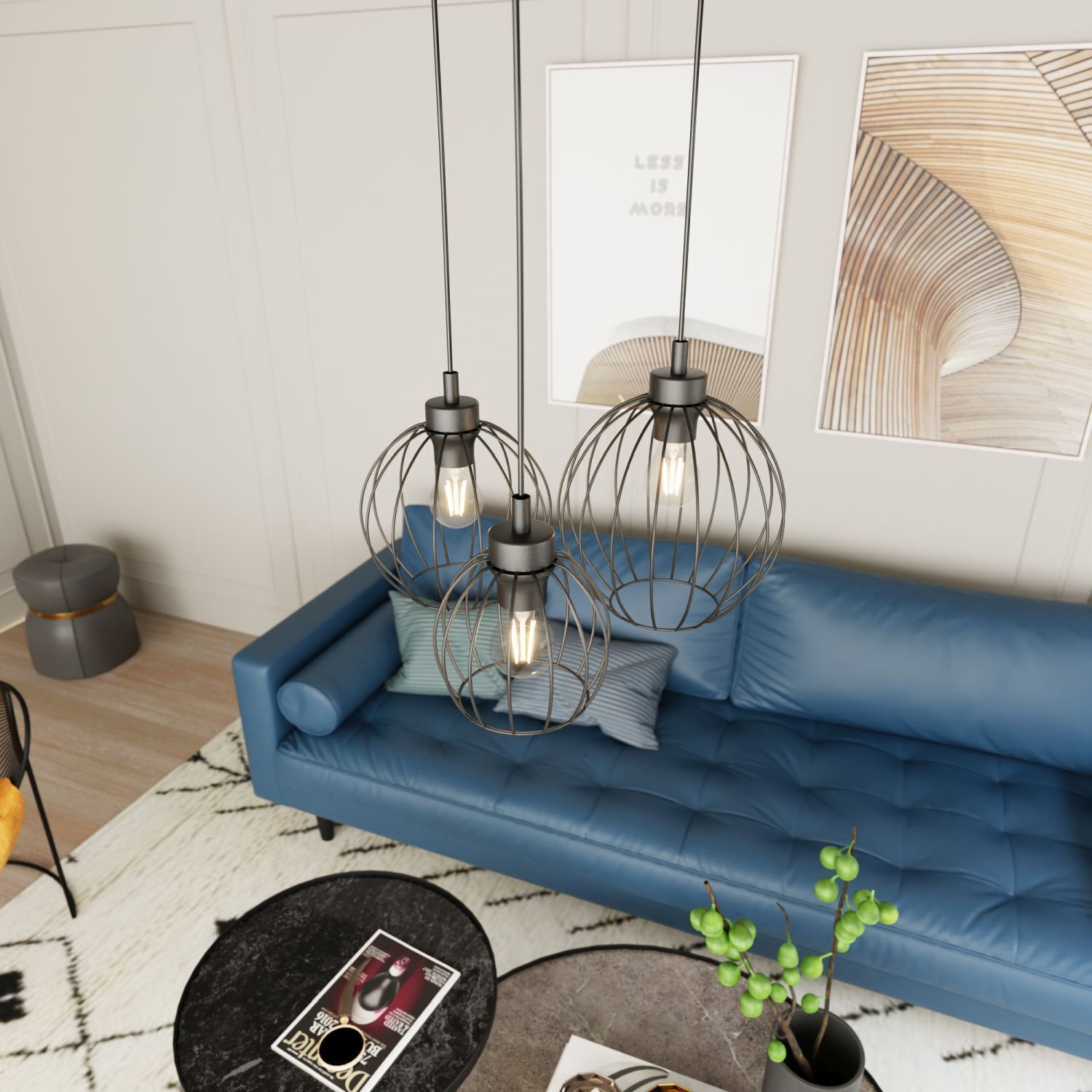 Lampe à suspendre métallique E27 3 flammes L:30 cm rond noir