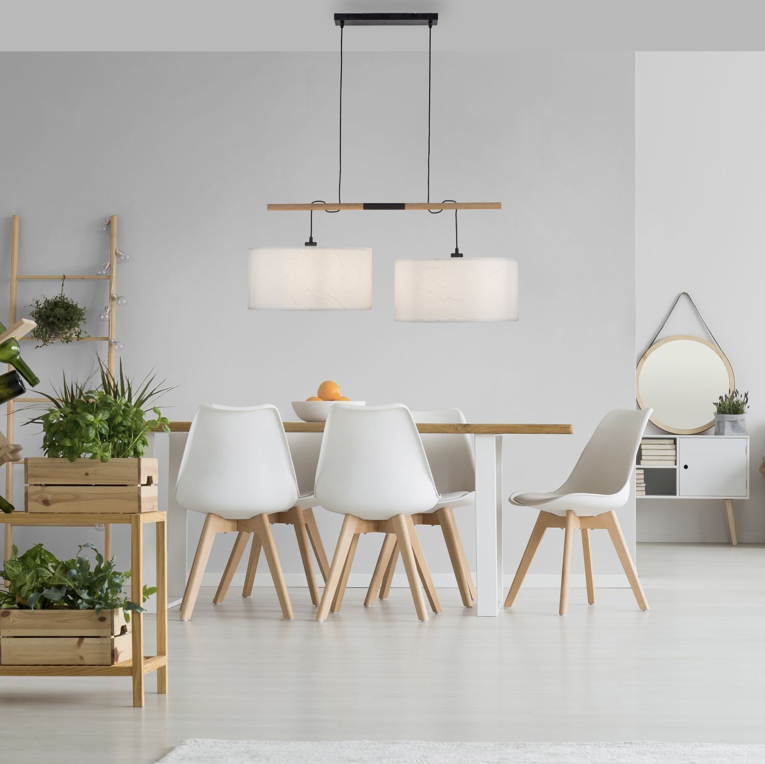 Runde Pendelleuchte Papier Holz E27 107 cm gemütlich Esstisch, Innenarchitektur, Esszimmer, Topfpflanze, Lampe