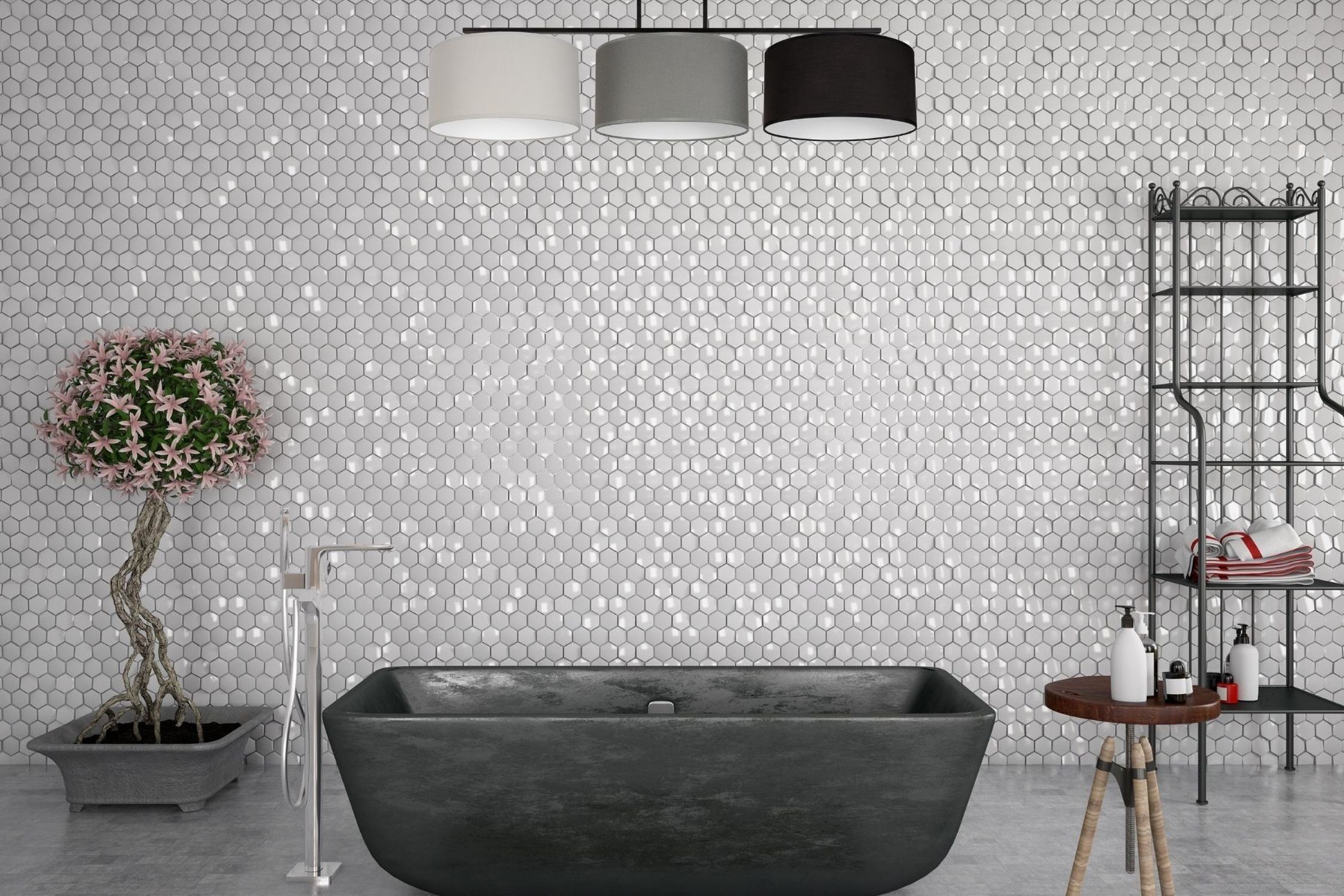 Badewanne, freistehend, Betonbadewanne, Duschbad, Tegelmuster