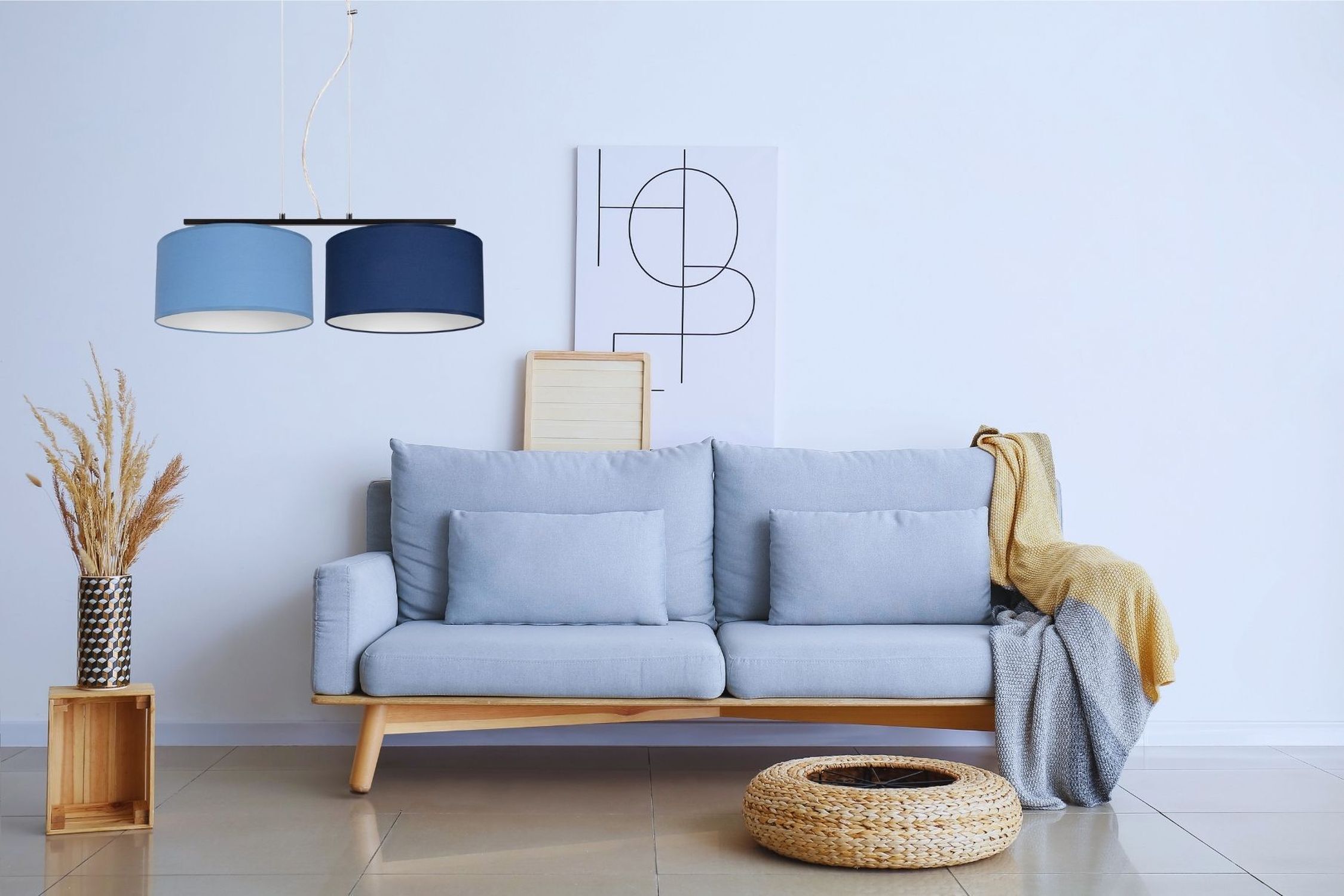 Lampe à suspendre allongée Tissu Noir Bleu E27 L:70 cm