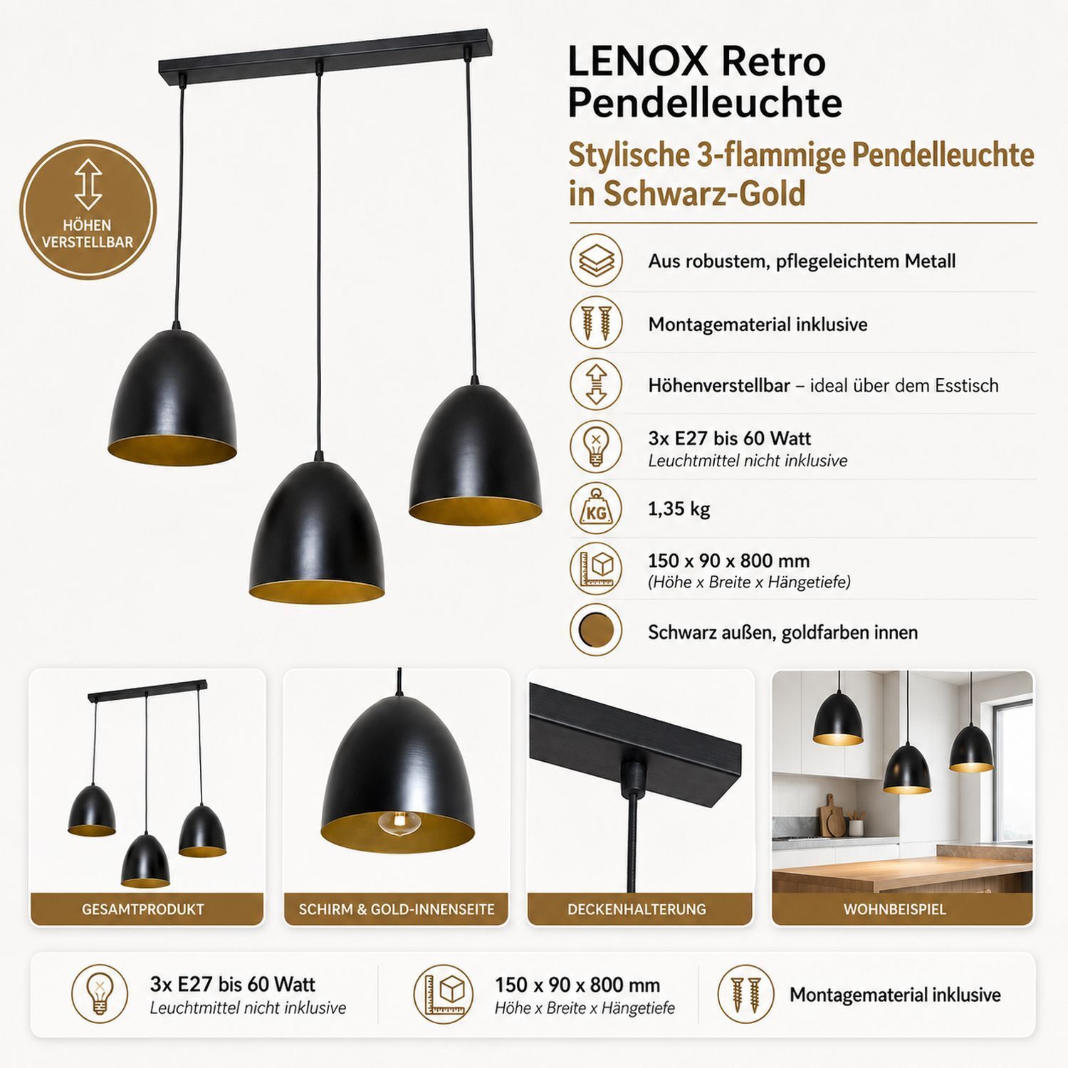 pendelleuchte-haengelampe-annie-3-flammig-schwarz-gold-retro-3 Pendelleuchte, Drei Lampen, Schwarz-Gold, E27 bis 60W, Höhenverstellbar