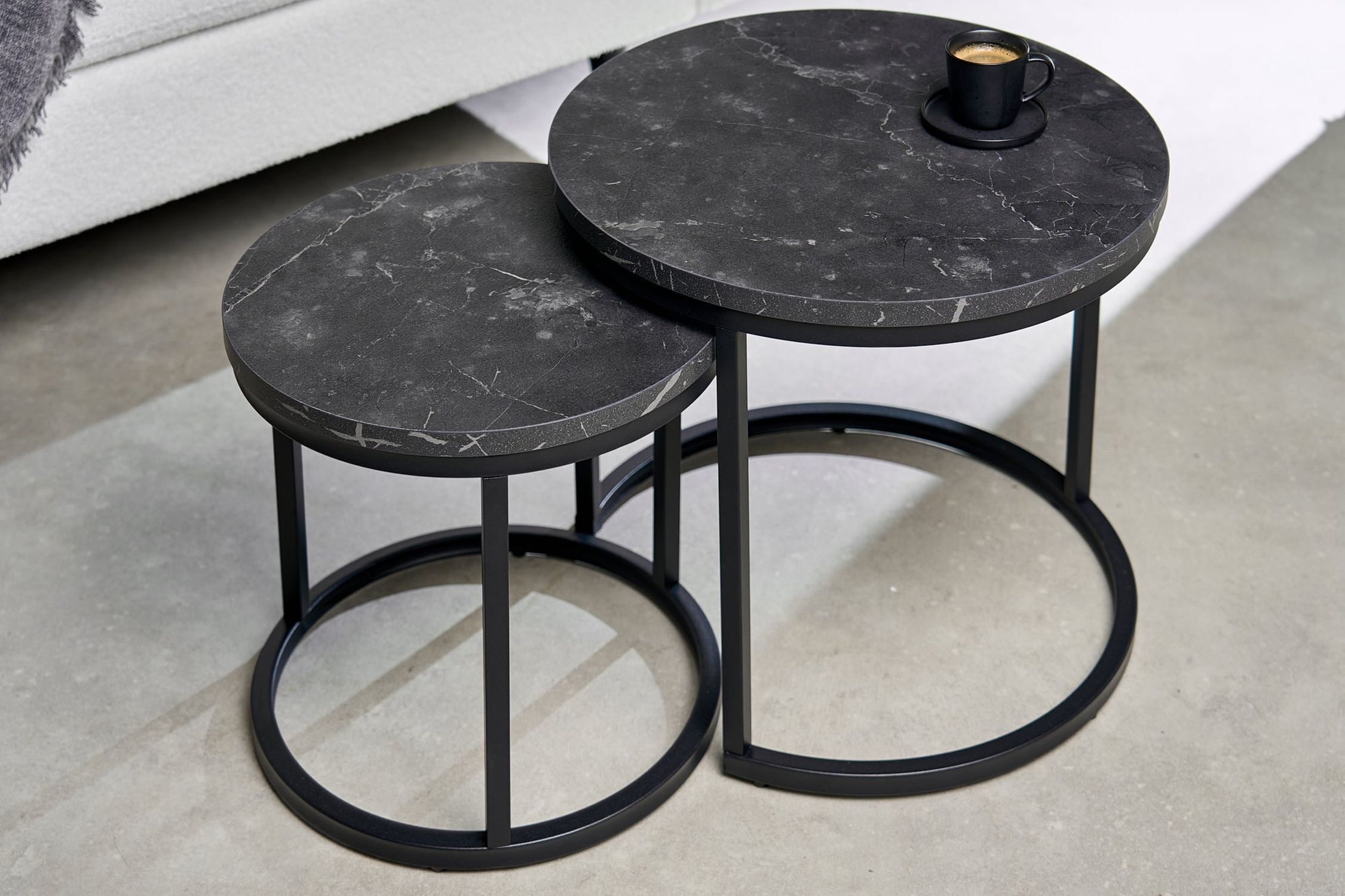 Set de 2 tables d'appoint MDF métal noir rond Moebel, Tabelle, Kaffeetisch, Tischplatte