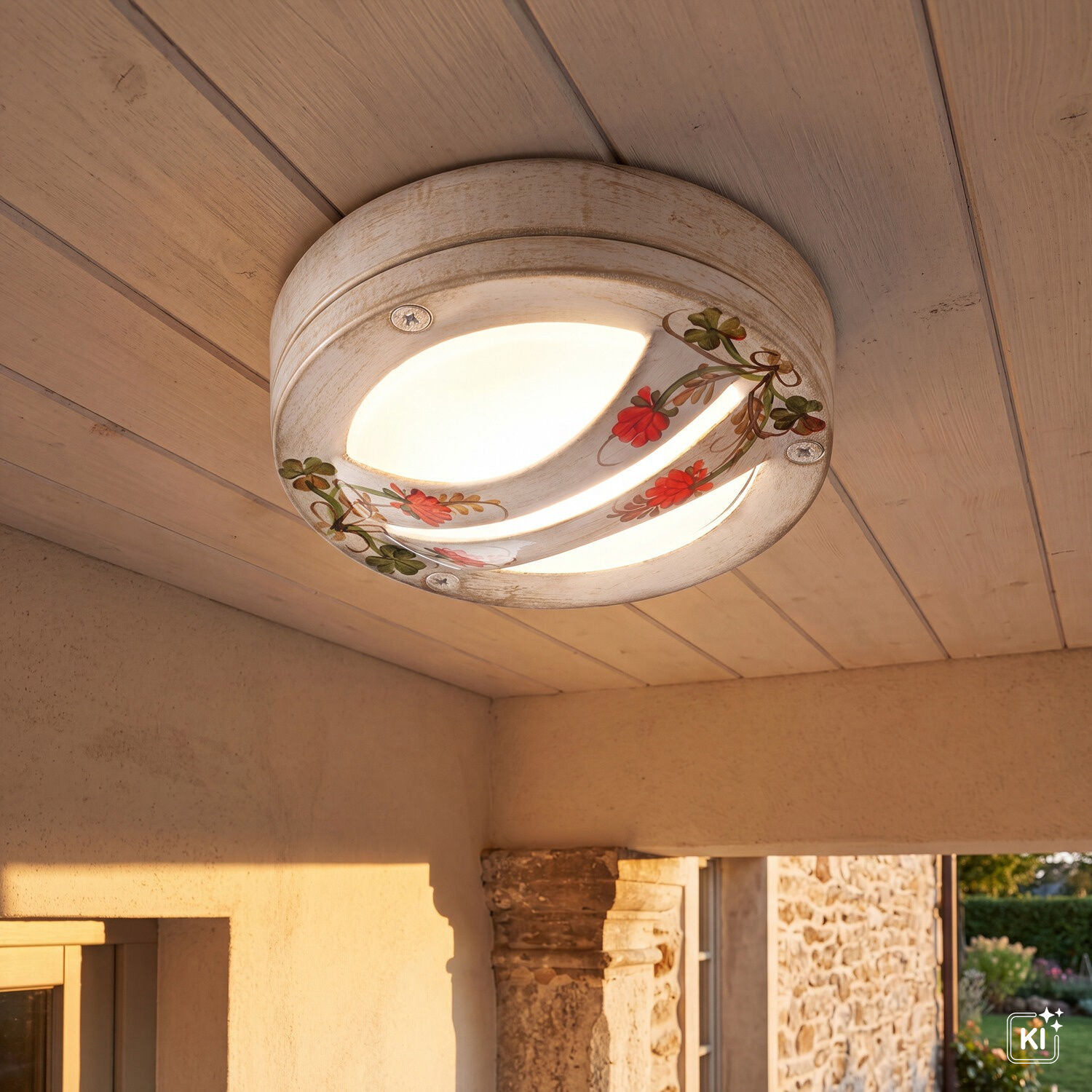 deckenleuchte, wandlampe, vintage, blumenmuster, holzoptik