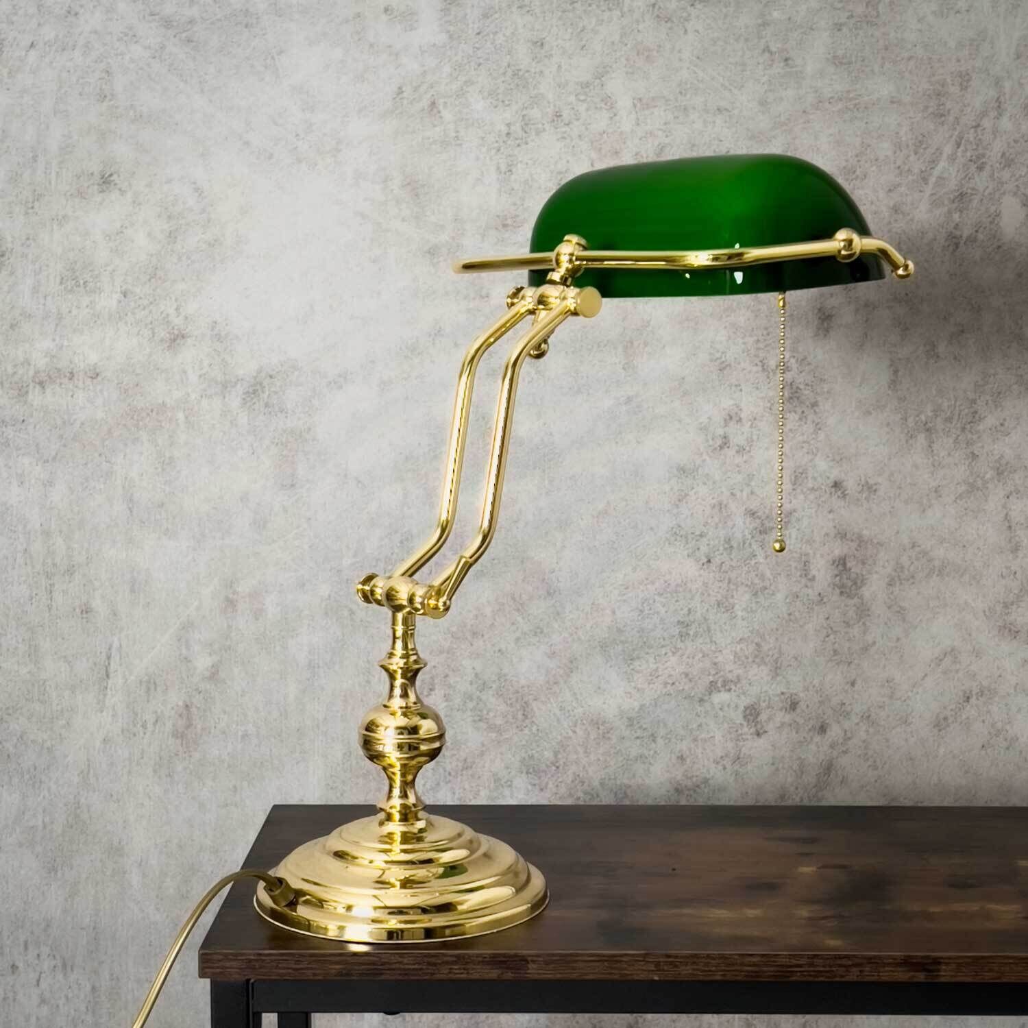 Lampe de banquier Interrupteur à tirette 38 cm E27 laiton verre vert