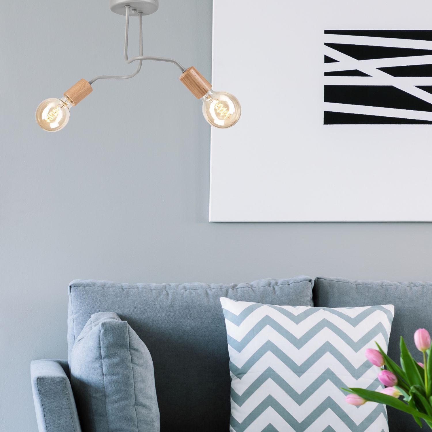 Plafonnier Gris Métal Bois 2 flammes E27 L : 45 cm ANANI