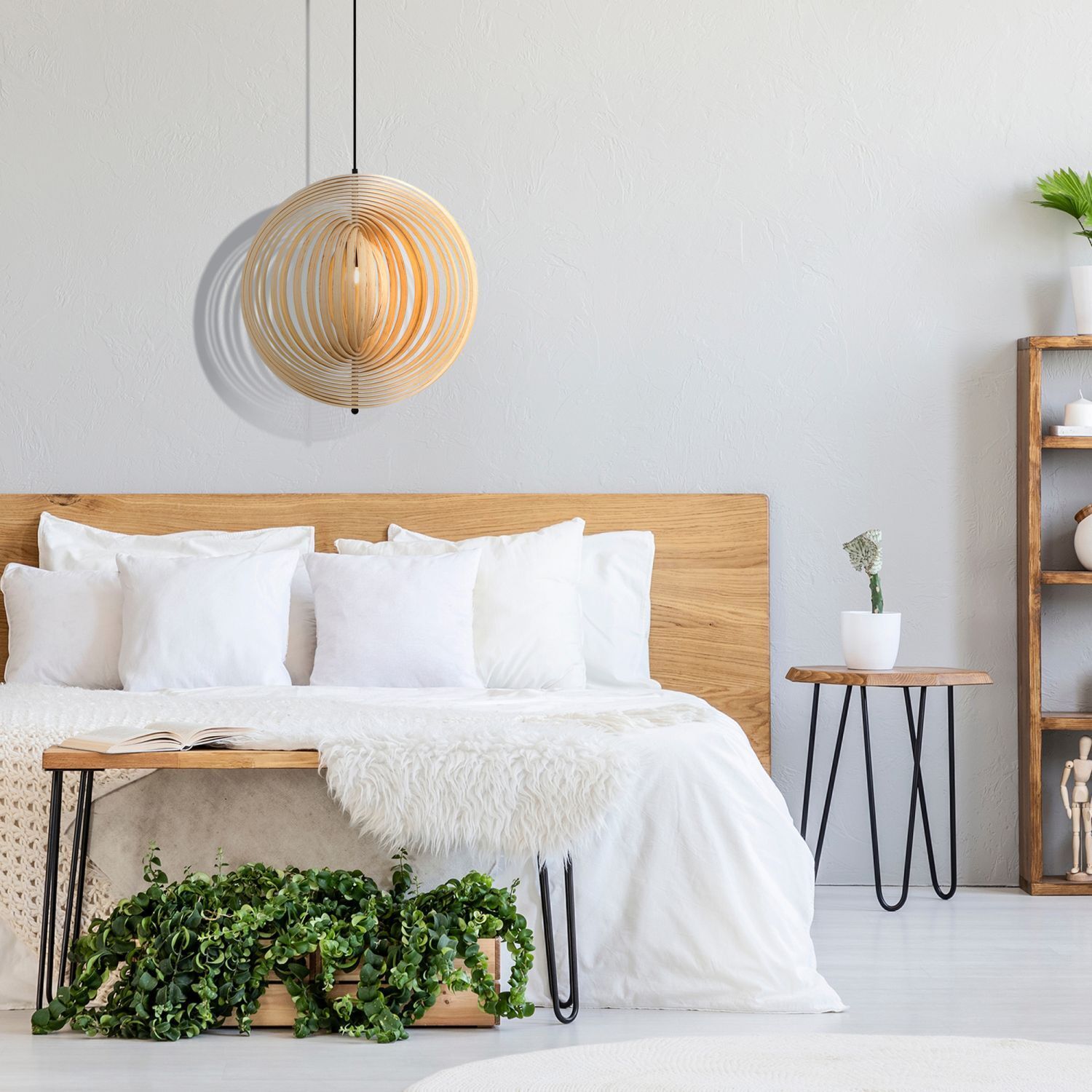 Pendelleuchte Metall Holz rund Ø 60 cm H: max. 362,5 cm Dekoration für Zuhause, Innenarchitektur, Kissen, Kopfkissen, Lampe