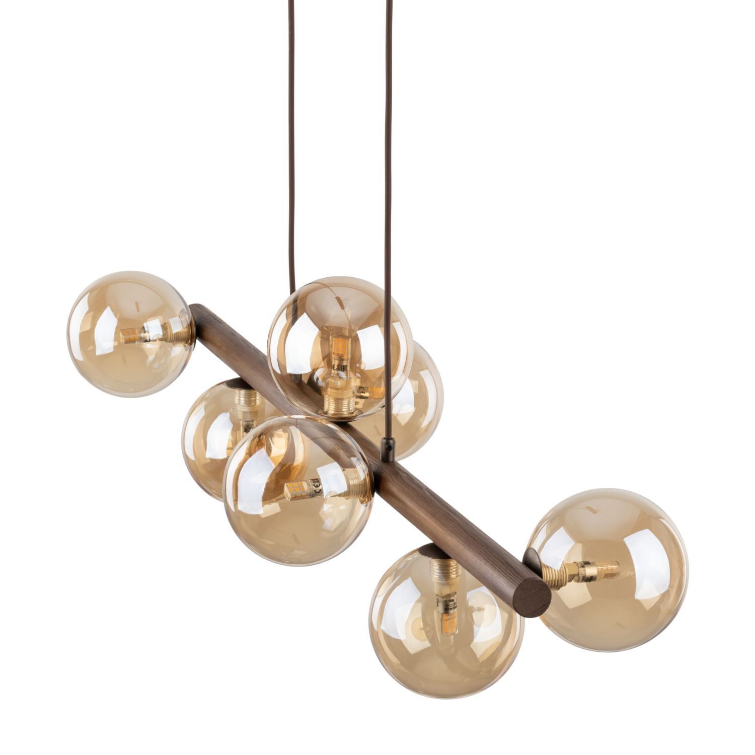 Hängelampe modern Holz Braun 90 cm G9 Glas Bernstein Kronleuchter, Mehrfachbirnen, Glasgloben, Hängeleuchte, braunes Holz