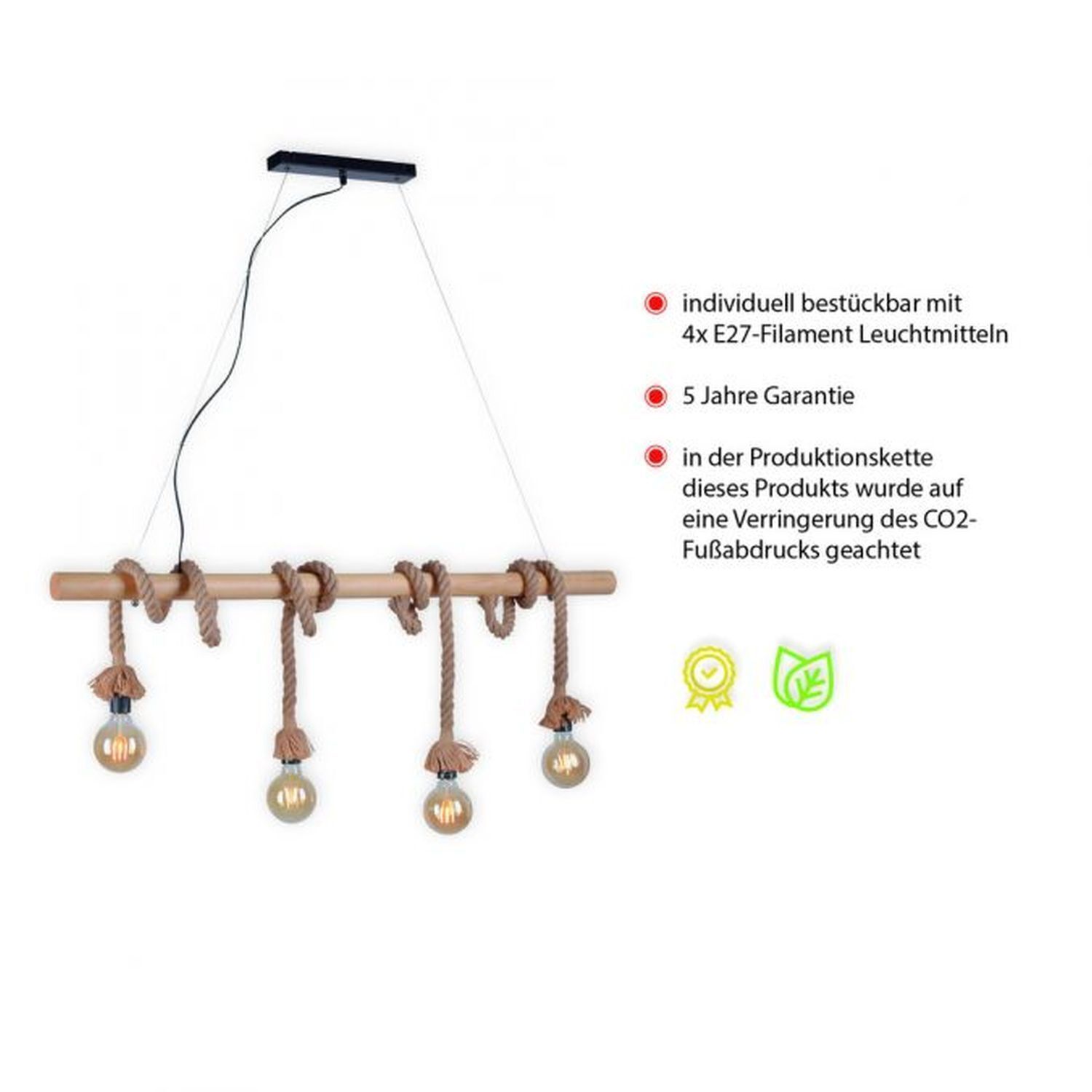 Suspension vintage poutre en bois corde E27 100 cm