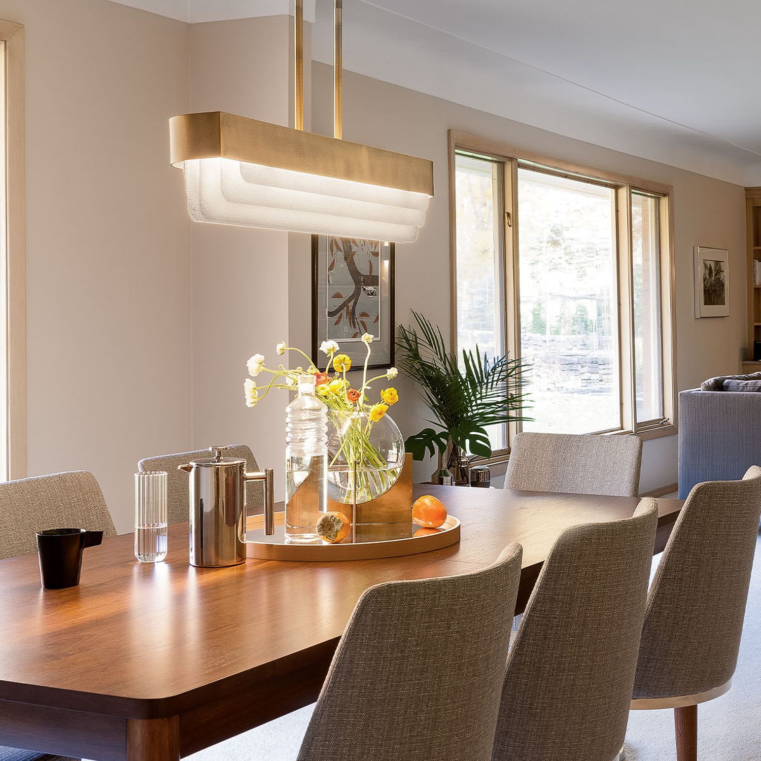 Suspension LED métal verre L : 92,5 cm en laiton Speisesaal, Esstisch, Tisch, Tischplatte, Dekoration für Zuhause