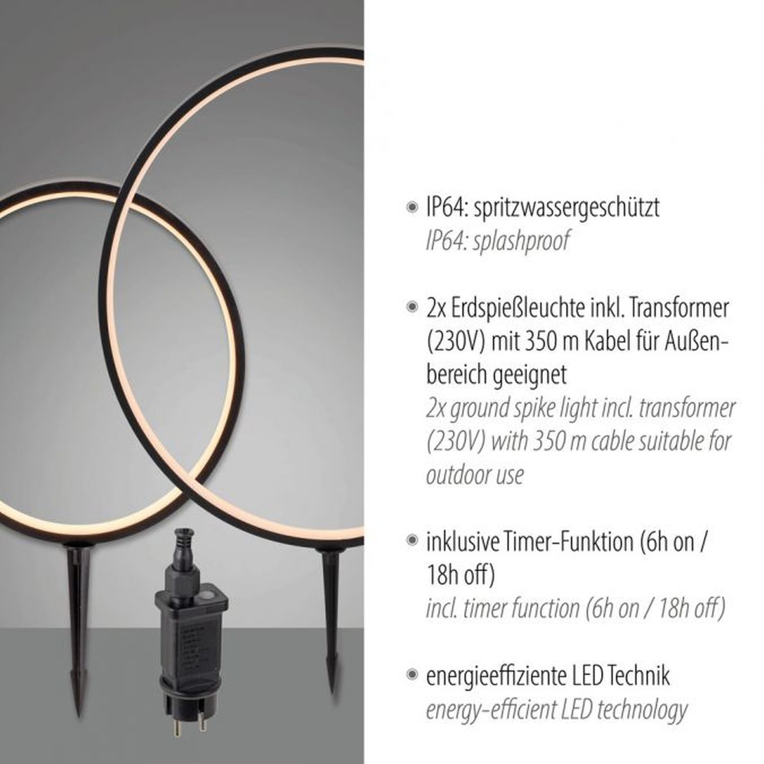 LED Wegeleuchte mit Erdspieß 2er Set 66 cm IP65 Schwarz Adapter, Elektronik, Stecker