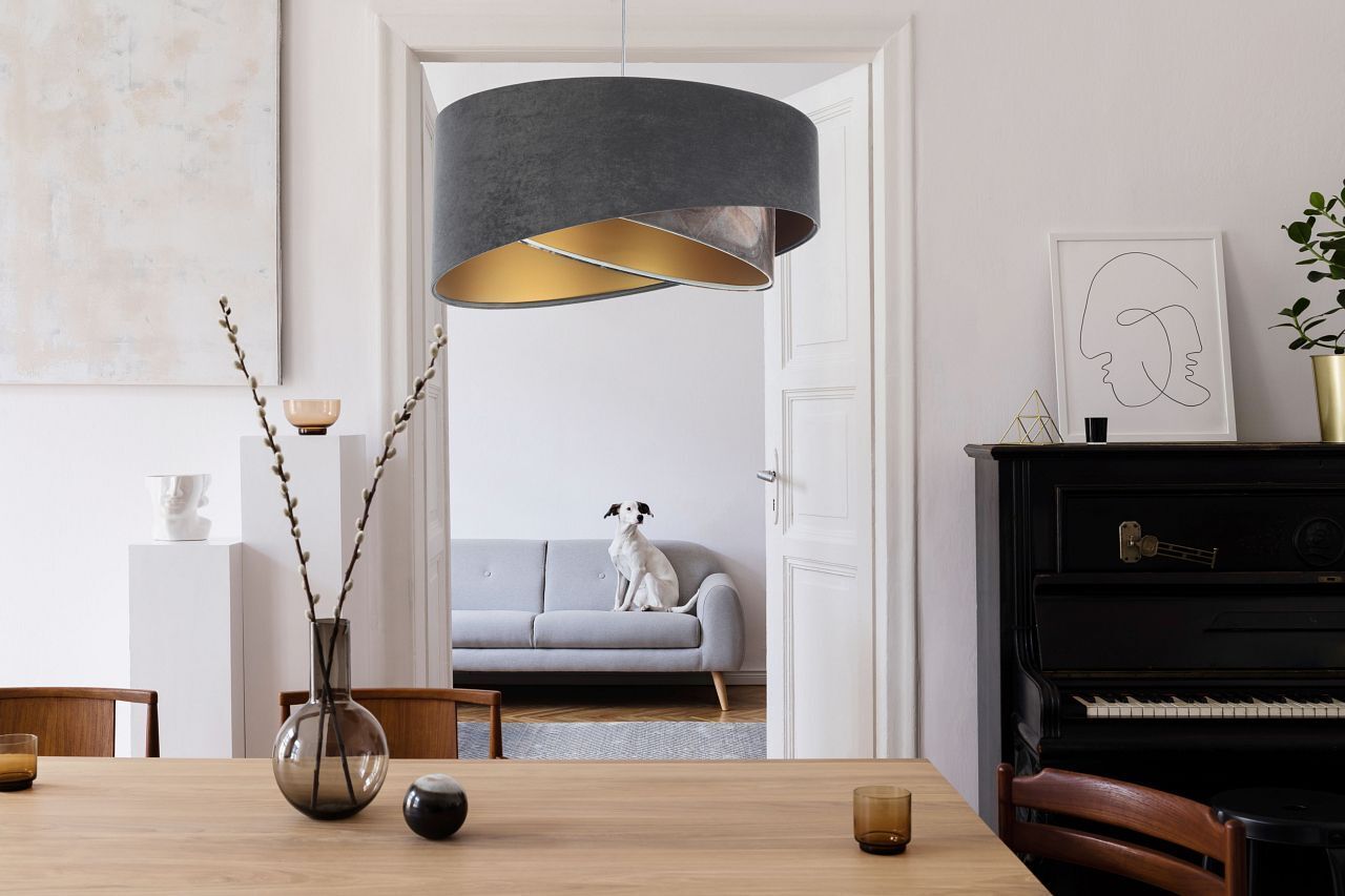 Hängelampe Grau Gold E27 Stoffschirm Ø 50 cm Modern KARIM