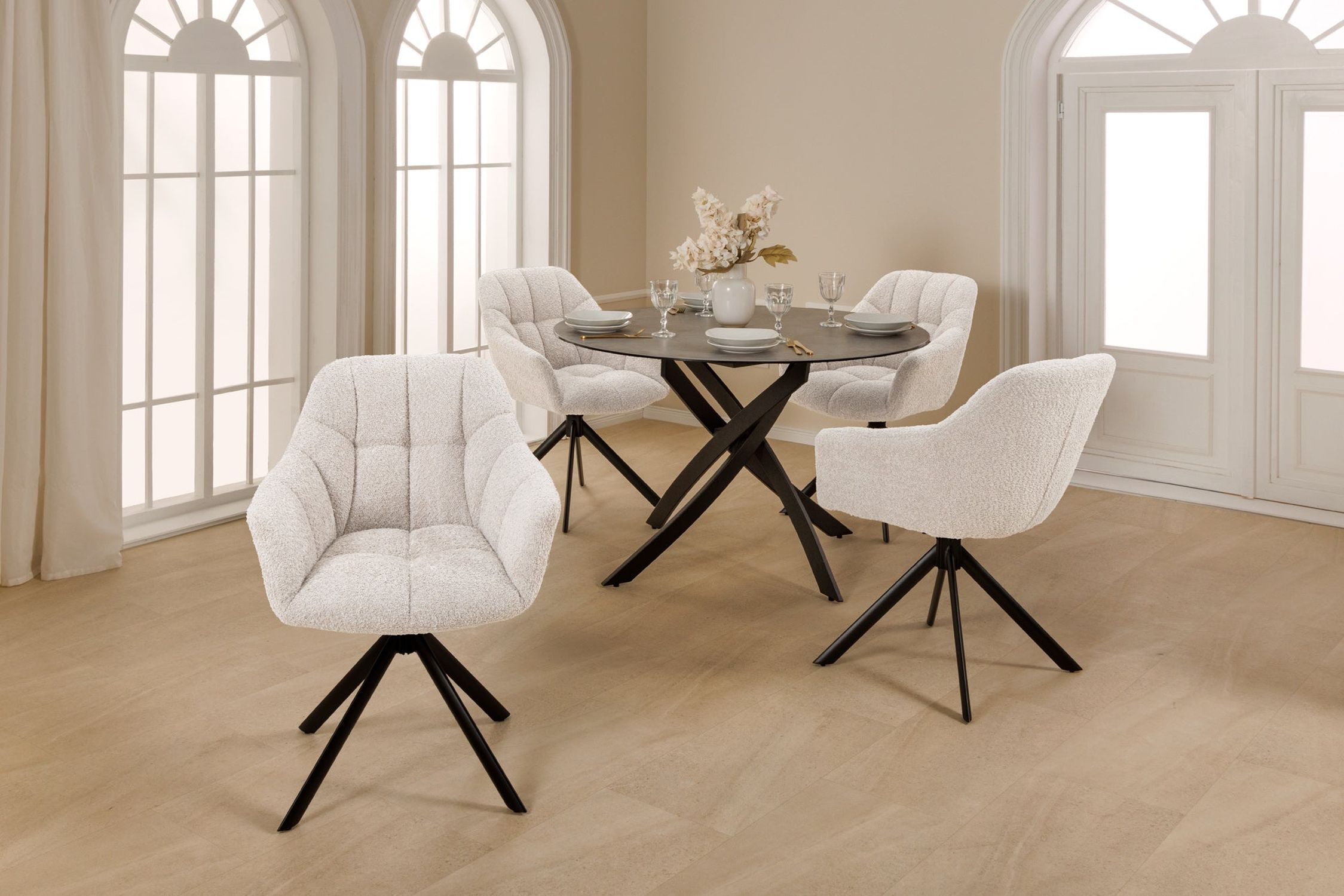 Drehstuhl Weiß Bouclé Metall Retro ohne Rollen SONIA Moebel, Tabelle, Esstisch, Esszimmer, Tischplatte