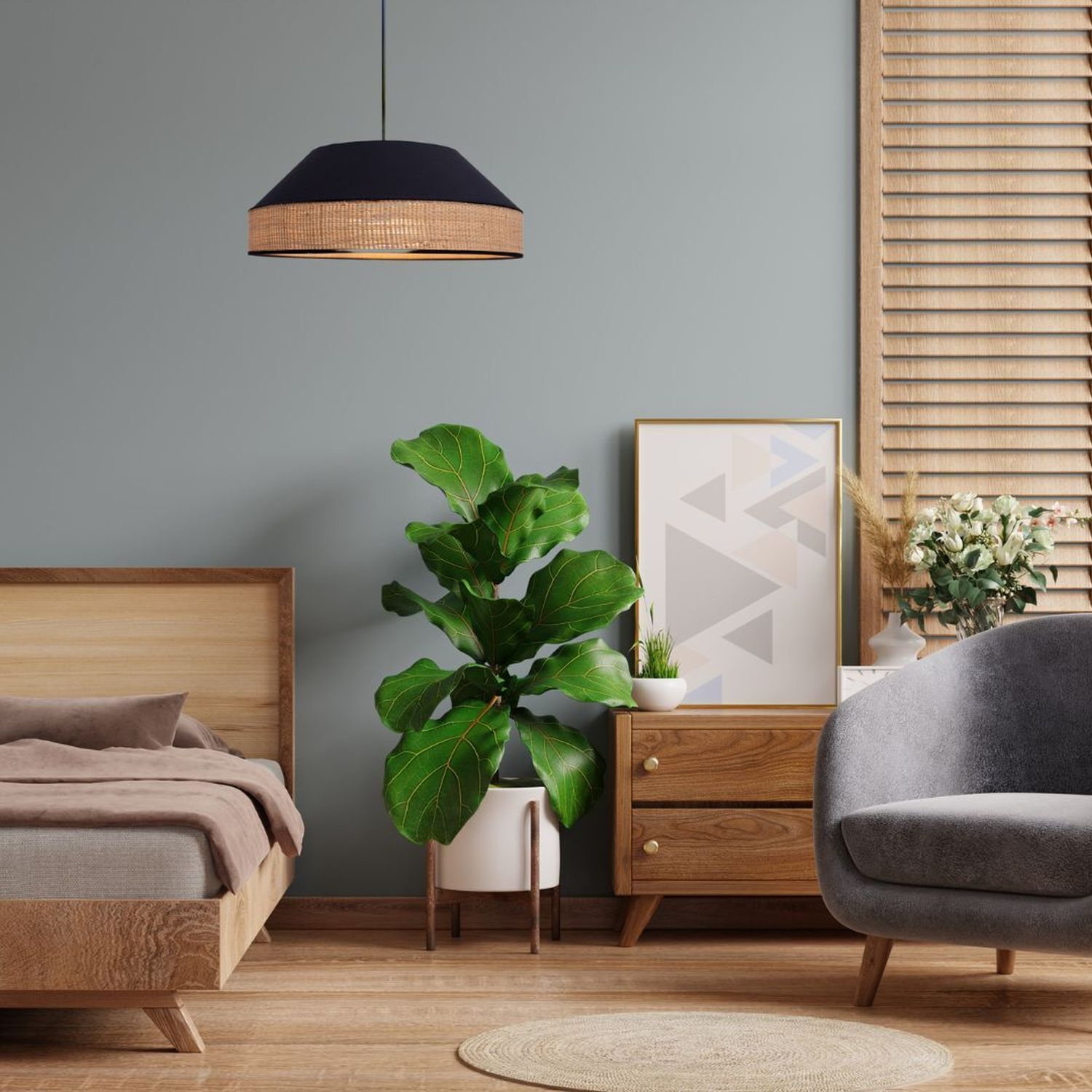 Runde Hängelampe Stoff Rattan Schwarz Natur E27 Ø45 cm Wohnzimmer, Pflanze, Sideboard, Kissen, Lampe