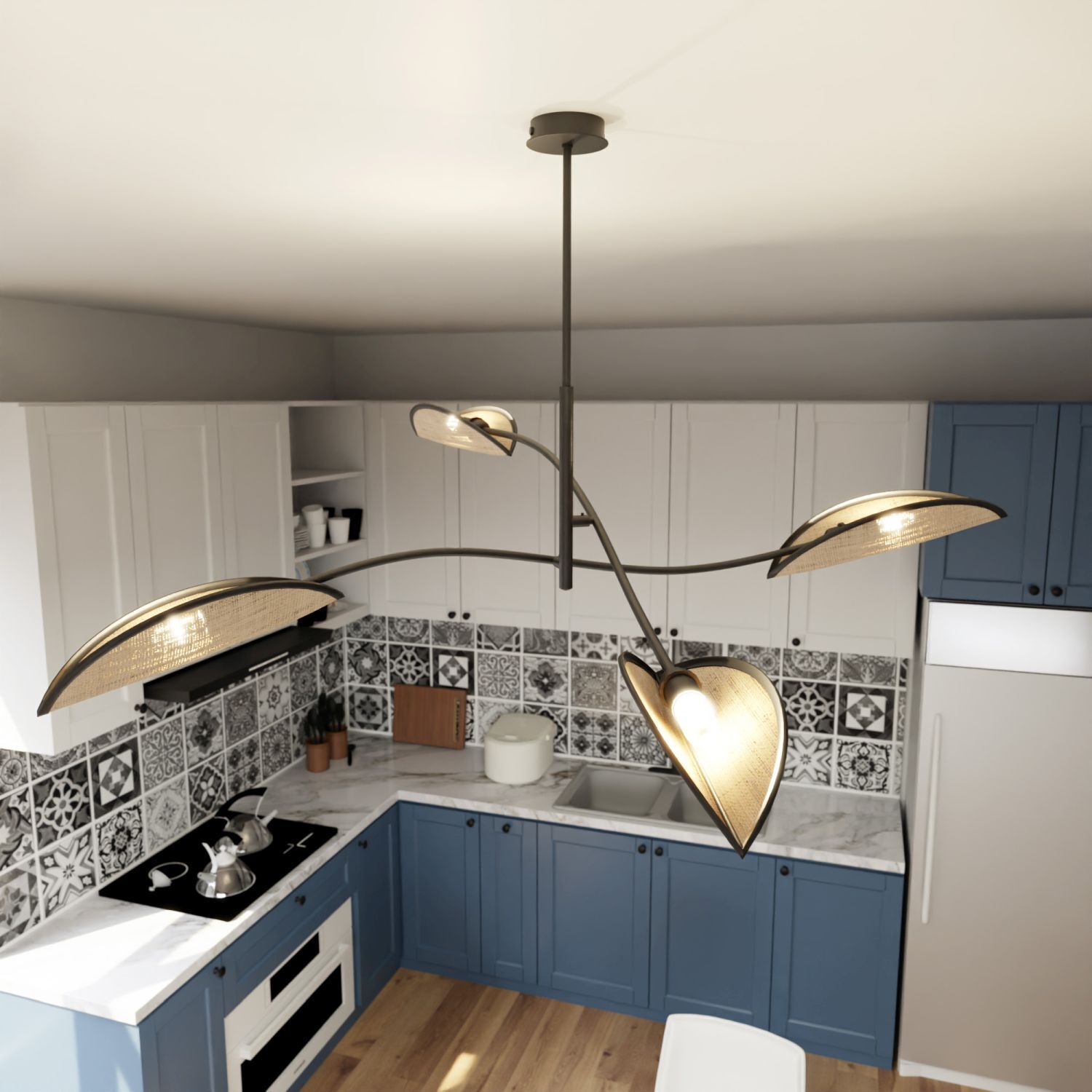 Plafonnier pivotant L : 102 cm Rotin Métal 4-flamme E14 Drinnen, Küche, Innenarchitektur