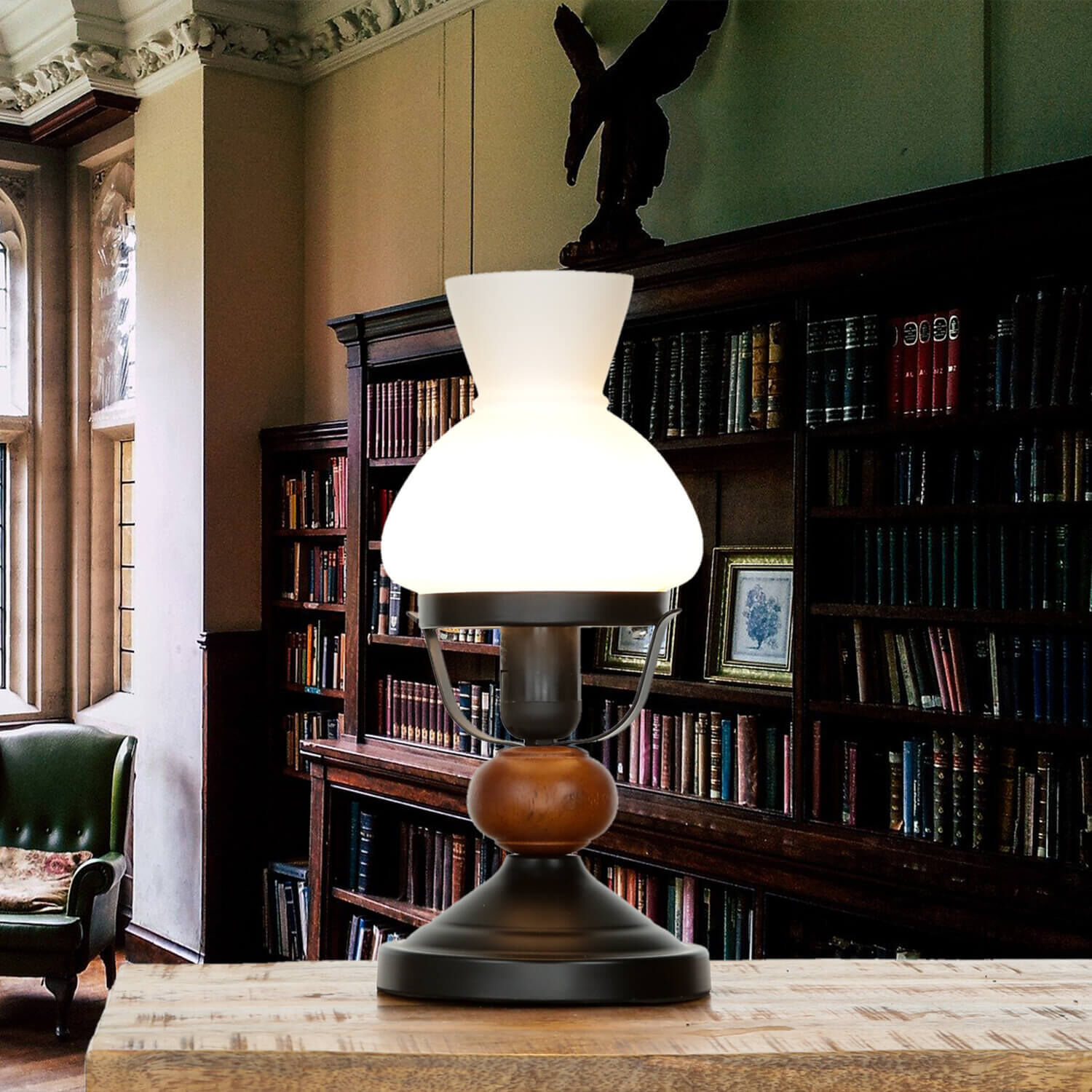 Tischlampe Echt-Holz Glas Landhausstil rustikal Lampe, Mobiliar, Bücherschrank, Bibliothek, Veröffentlichung