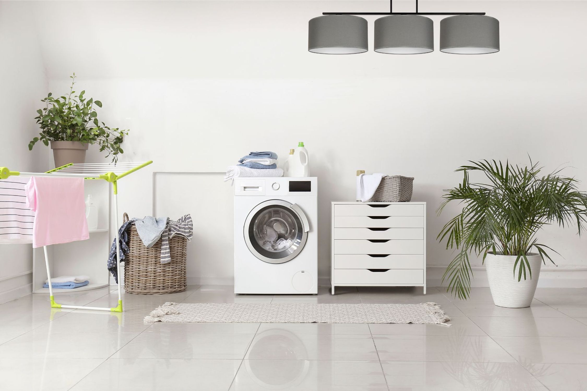 Gemütliche Deckenlampe Stoff Graphit Weiß E27 3-flammig Waschmaschine, Waschraum, Wäschekorb, Pflanze, Weiß