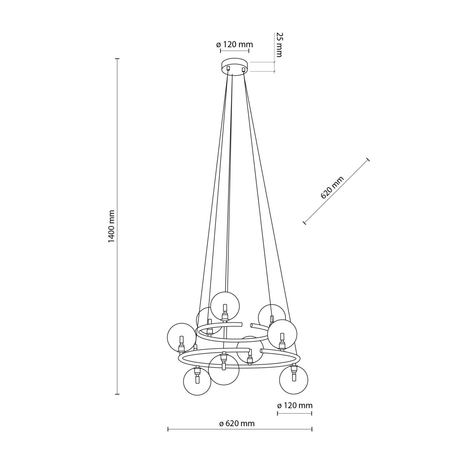 Suspension métal verre fumé G9 noir graphite 2 anneaux