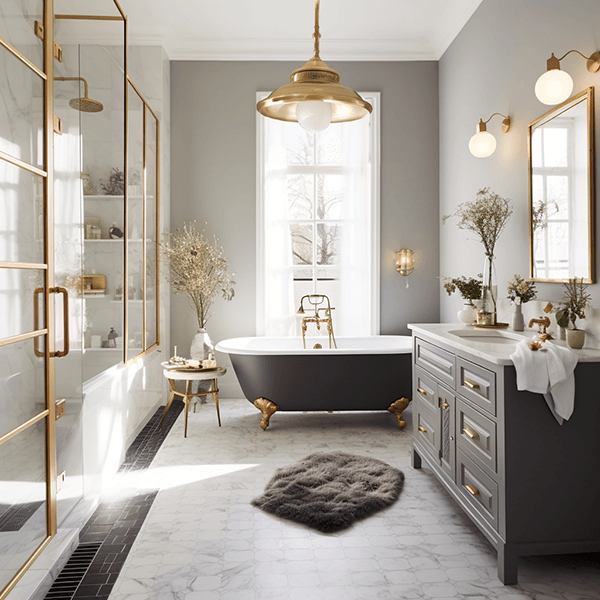 Badezimmer Lampe Badewanne, Freistehende Badewanne, Grau, Goldene Akzente, Badezimmer-Dekor
