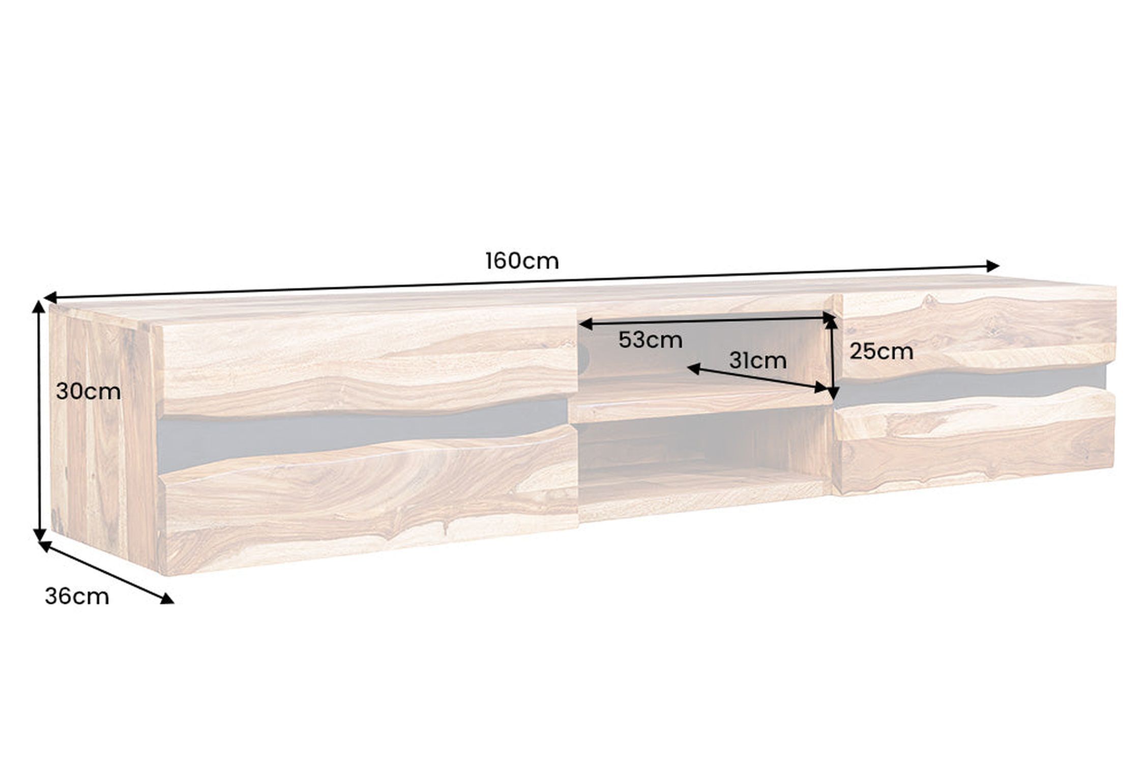 TV Hängeboard Sheesham Holz Metall 160 cm Baumkante Moebel, Anrichte, Tabelle, Schublade, Kabinett