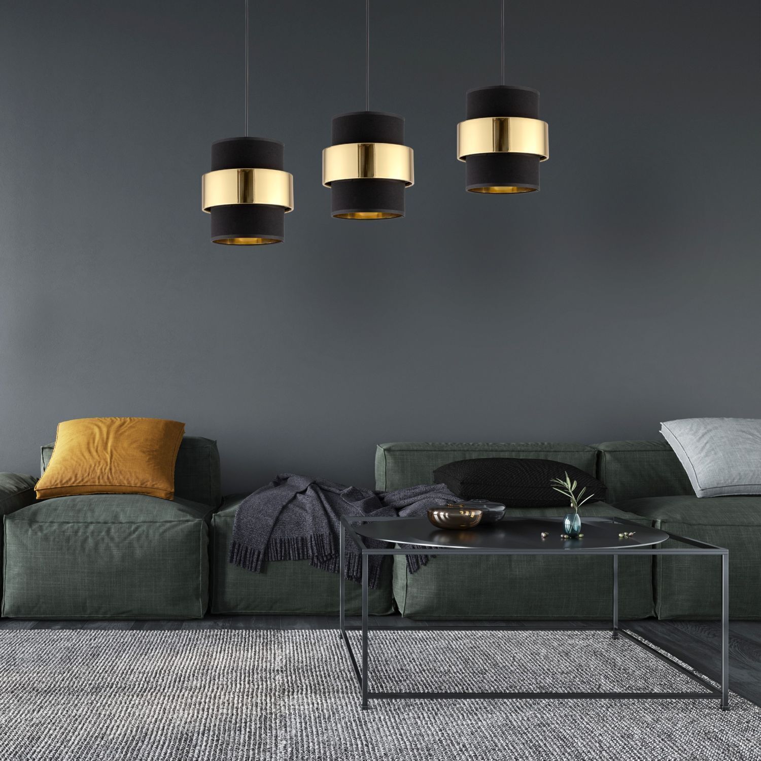 Hängelampe Stoff Metall 3-flammig Schwarz Gold Modern Lampe, Couch, Wohnzimmer, Dekoration Ihres Zuhauses, Pflanze