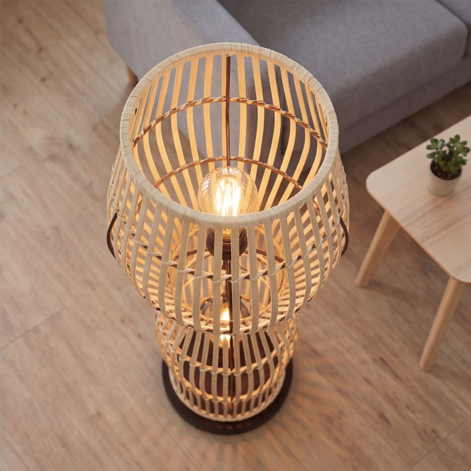 Kleine Stehlampe Bambus Natur 111 cm E27 Skandinavisch Lampschirm, Pendel, Rattan, Holz, Stehleuchte