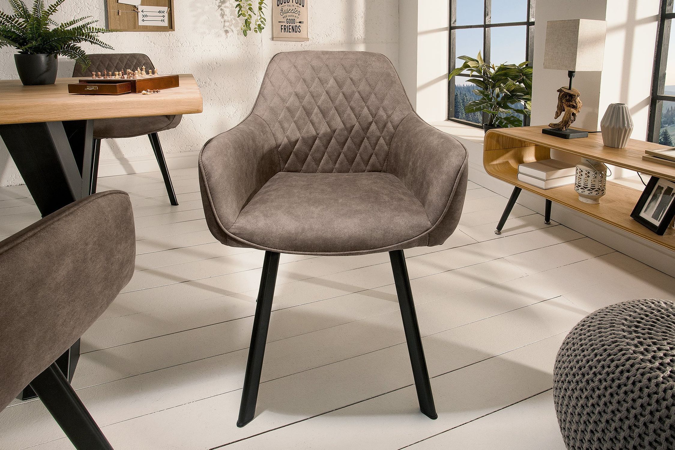 Chaise de salle à manger Retro Taupe Noir Tissu Métal avec accoudoirs Moebel, Stuhl, Fußboden, Drinnen, Innenarchitektur