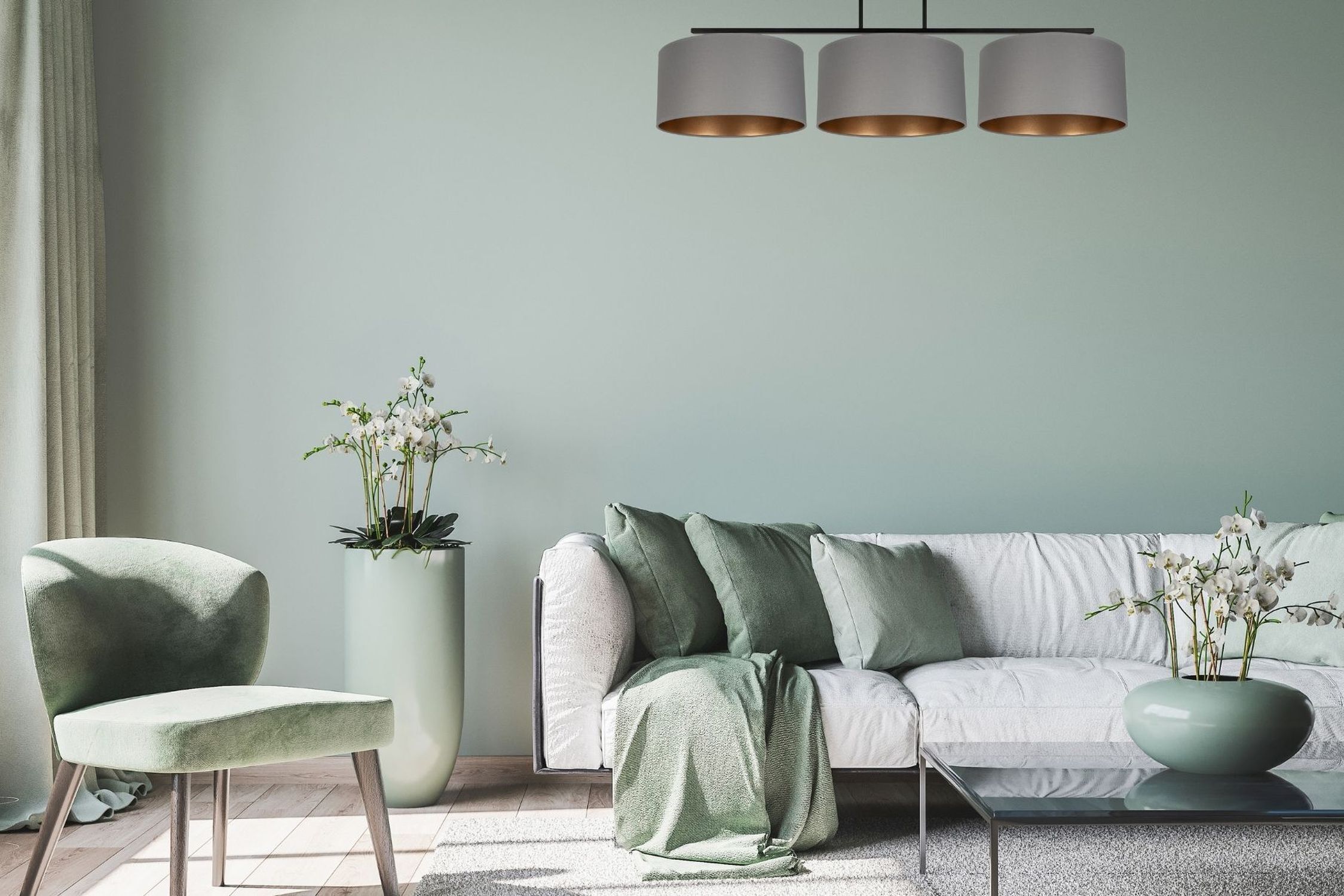 Blendarme Deckenlampe Stoff Graphit Gold E27 3-flammig Wohnzimmer, Sofa, Grün, Blumen, Vase