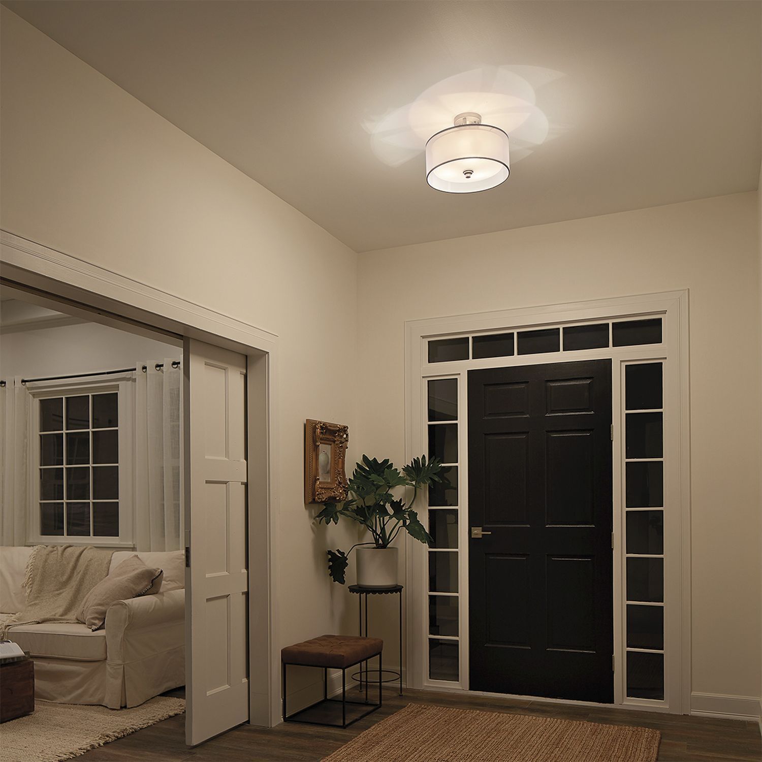 Deckenleuchte rund Weiß Zinn antik Glas Leinen Metall Ecke, Leuchte, Pflanze, Couch, Wohnzimmer