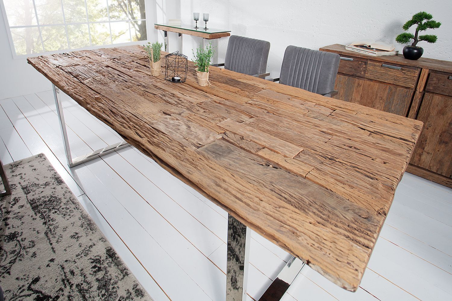 Table de salle à manger en teck recyclé métal 200x100 cm en naturel