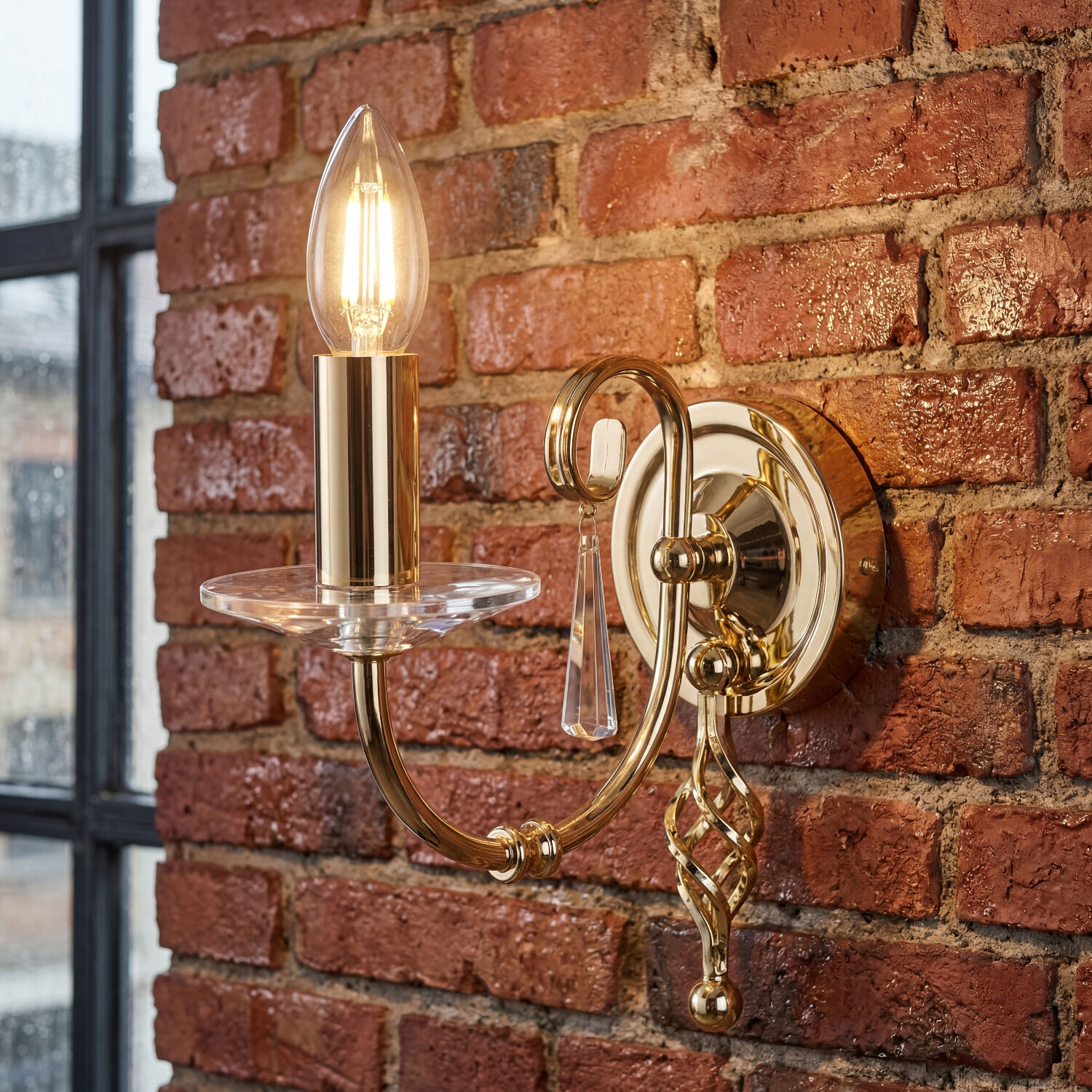 wandleuchte-wandlampe-candela-1-flammig-messing-poliert-klassisch-07 Wandlampe, Wandlicht, Bronzieuge, Wandleuchte, Kristallanhänger