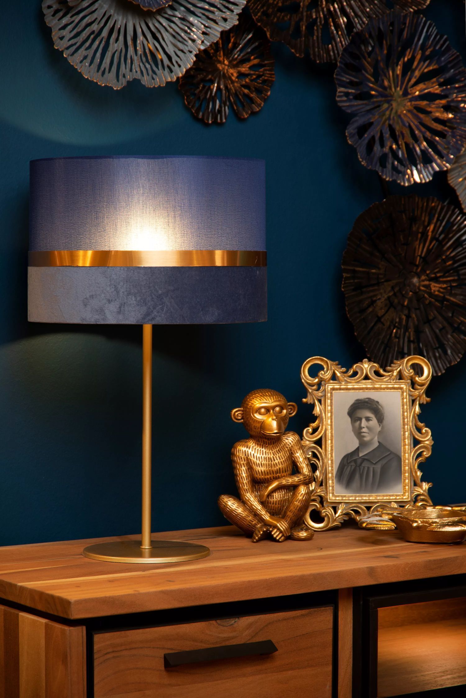 Tischlampe Stoffschirm Blau Gold 50 cm E14 blendarm Lampe, Person, Gesicht, Kopf