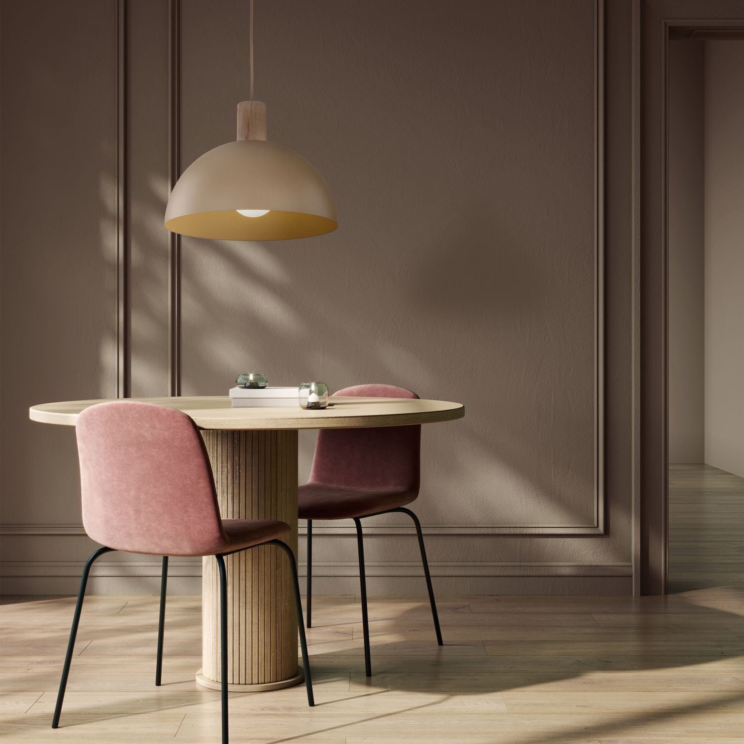 Pendelleuchte Zeitlos Holz Metall Beige B:33,5 cm E27 Esstisch, Rundtisch, Holztisch, Keramikhängelampe, Küchenstuhl